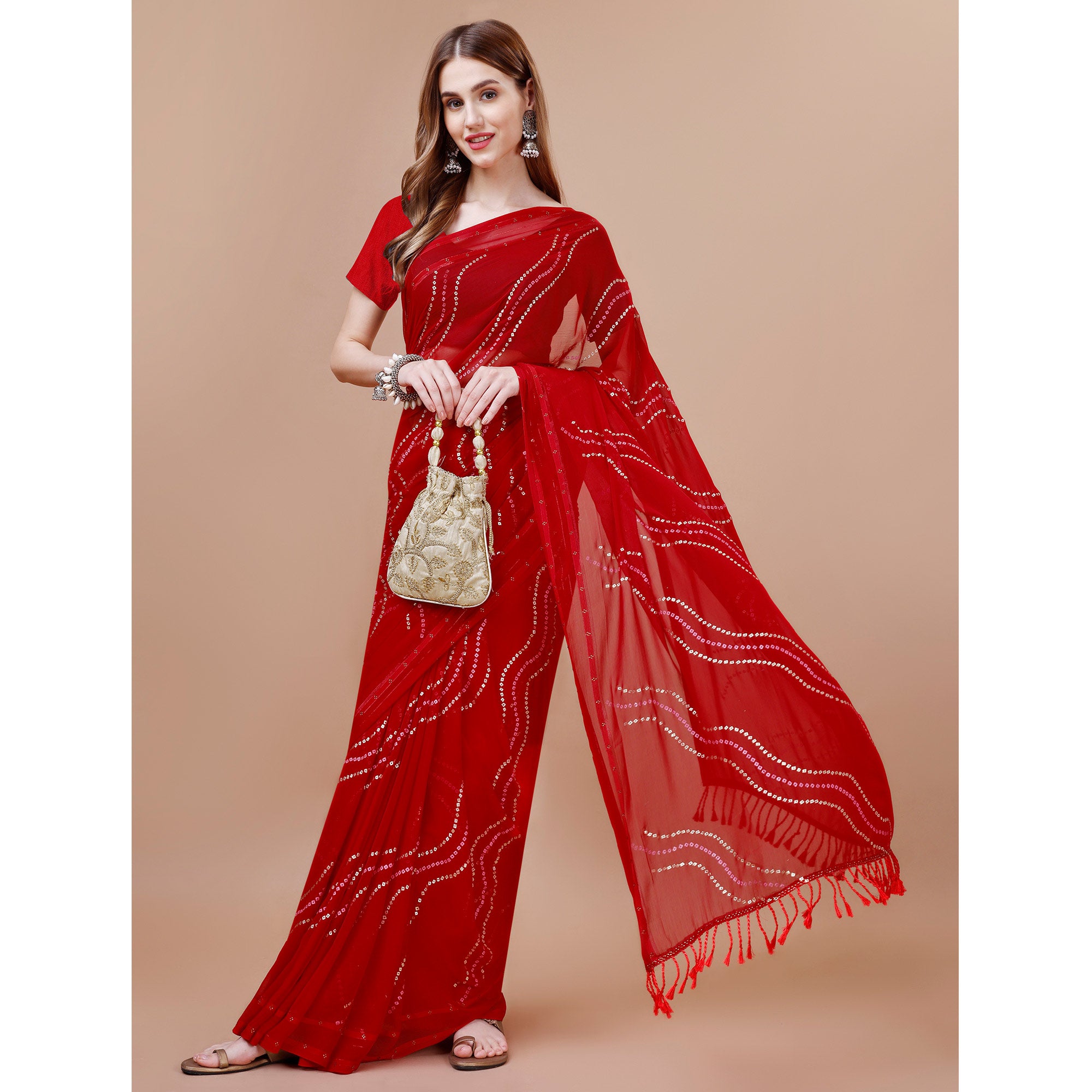 Red Bandhani Printed Chiffon Saree With Tassels