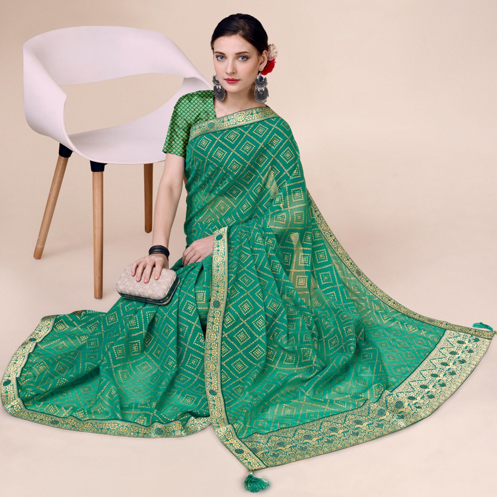 Green Bandhani Foil Printed Chiffon Saree With Tassels