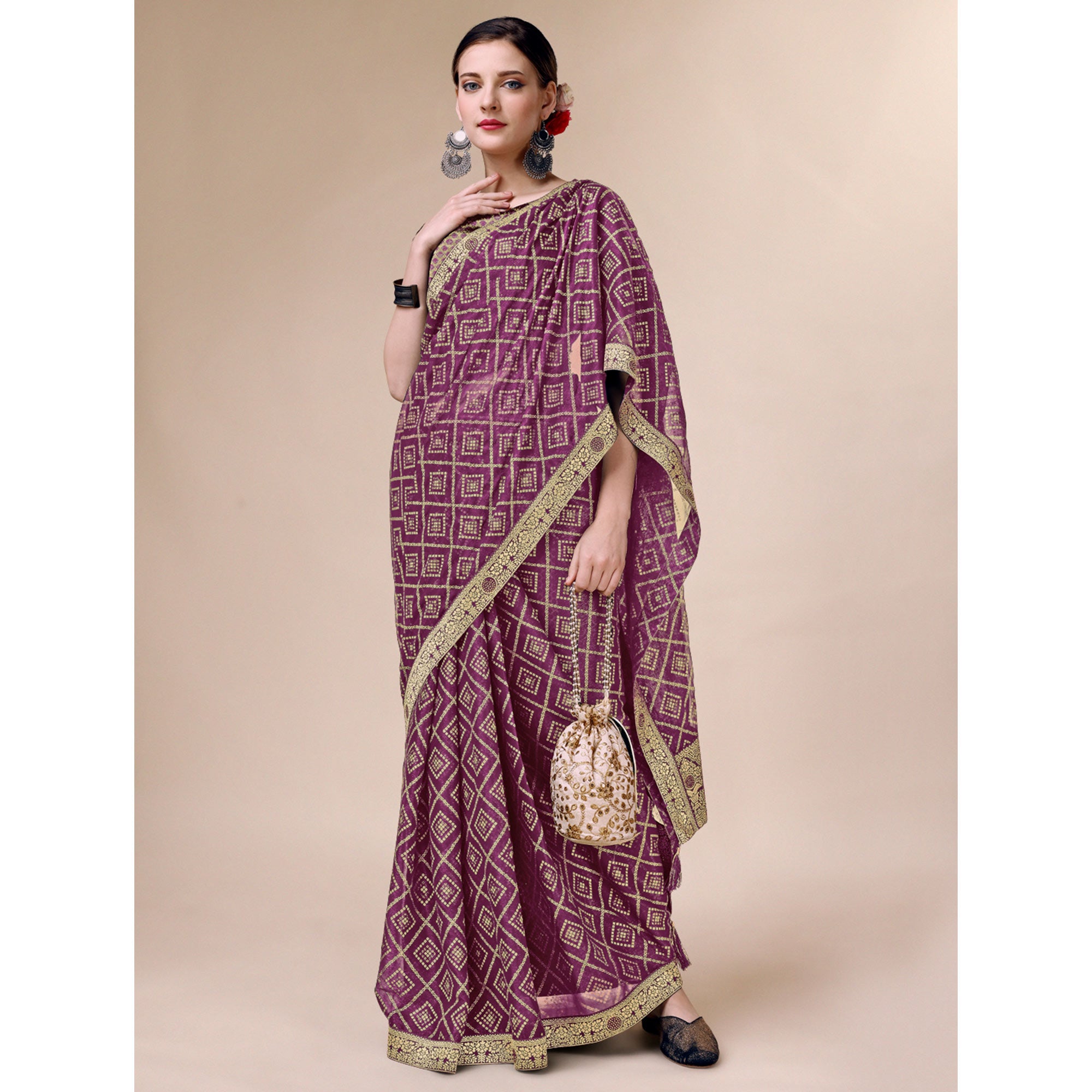 Purple Bandhani Foil Printed Chiffon Saree With Tassels