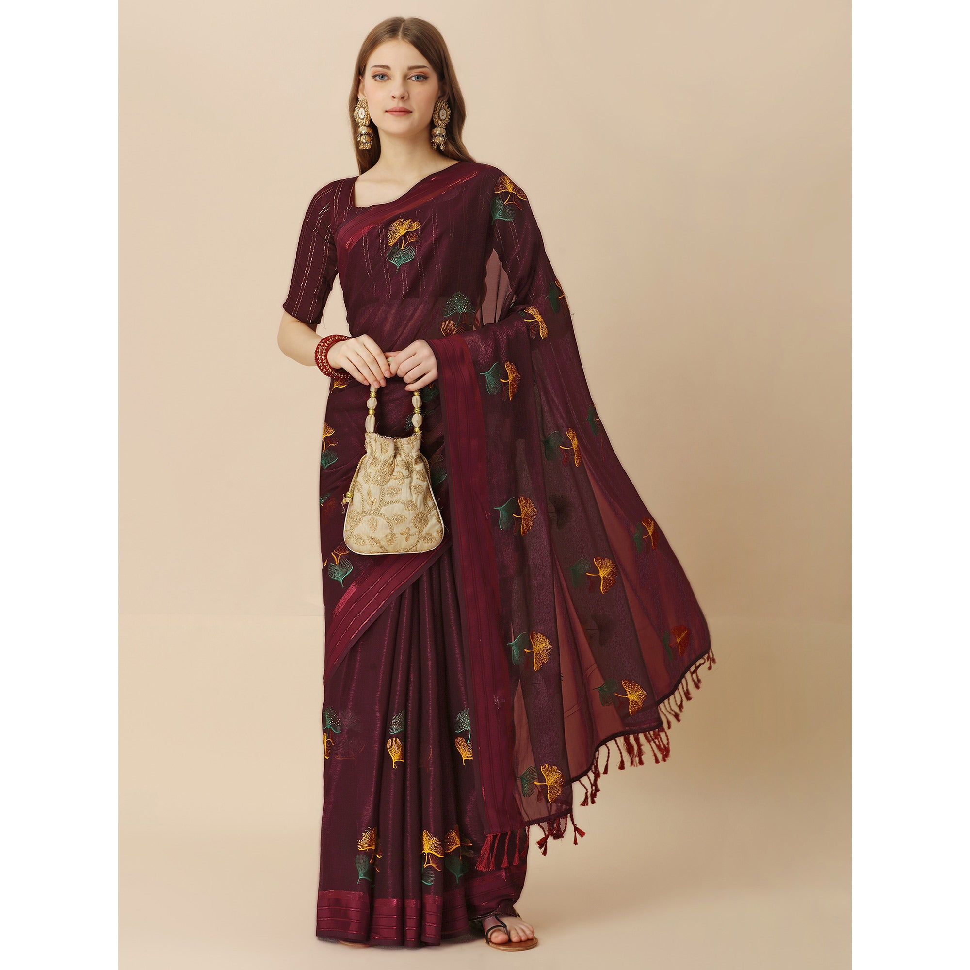 Maroon Floral Embroidered Chiffon Saree With With Tassels