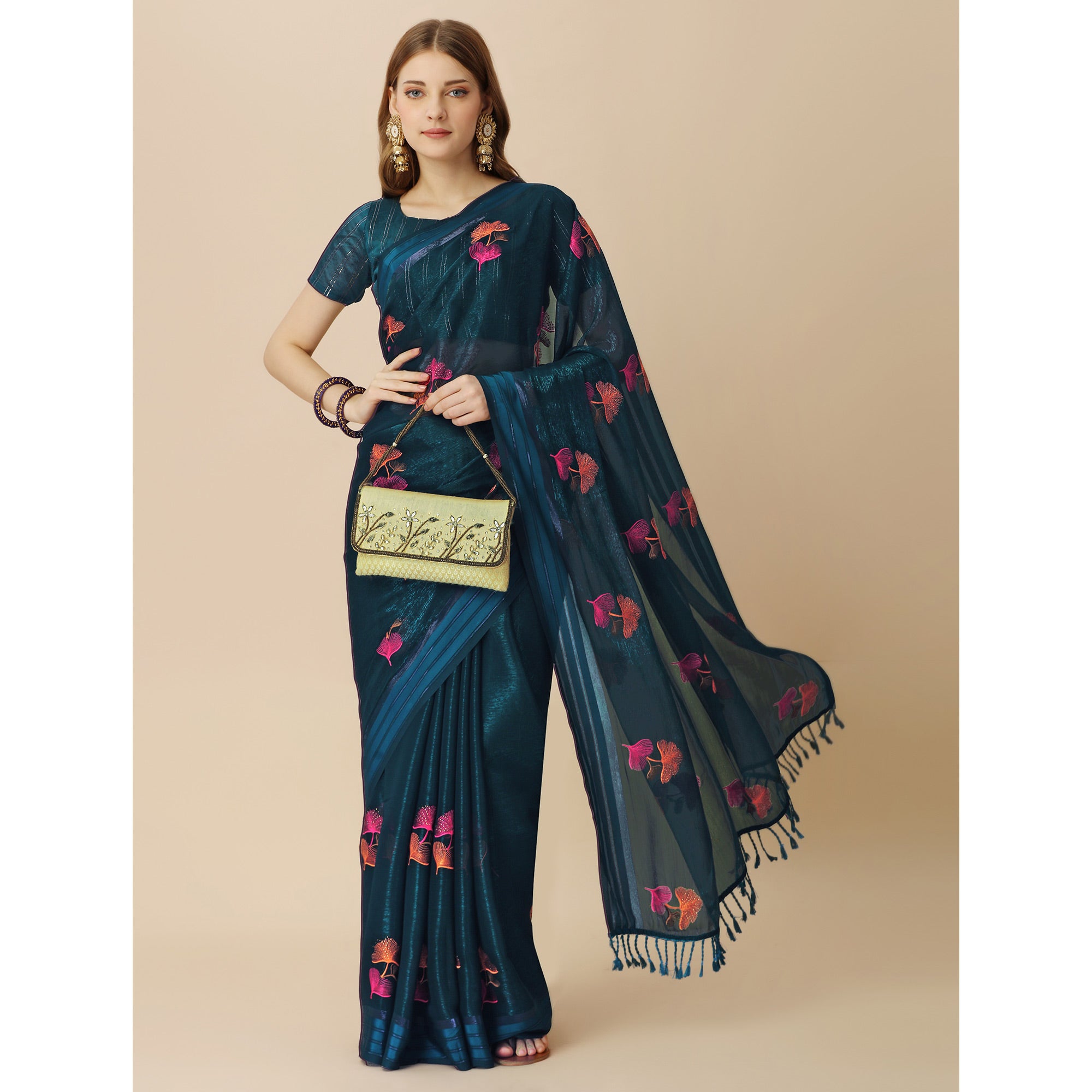 Dark Blue Floral Embroidered Chiffon Saree With With Tassels