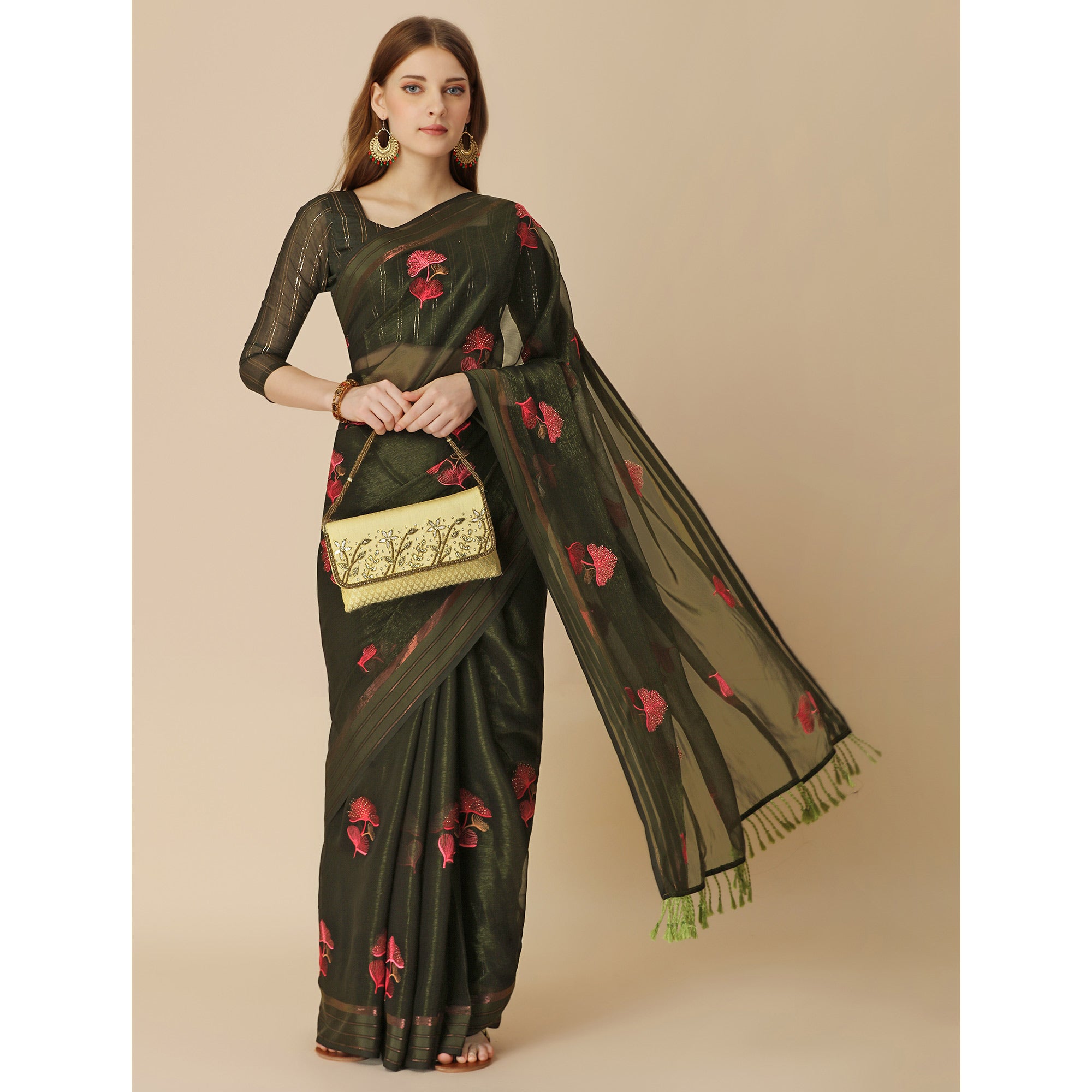 Mehendi Green Floral Embroidered Chiffon Saree With With Tassels