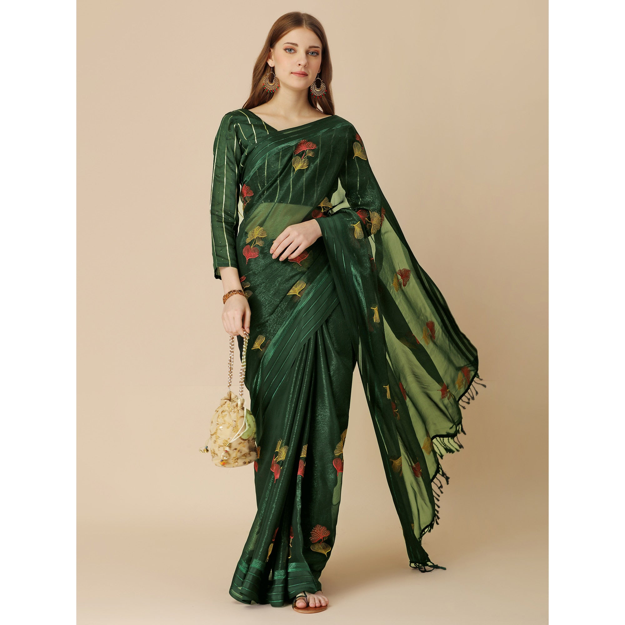 Green Floral Embroidered Chiffon Saree With With Tassels