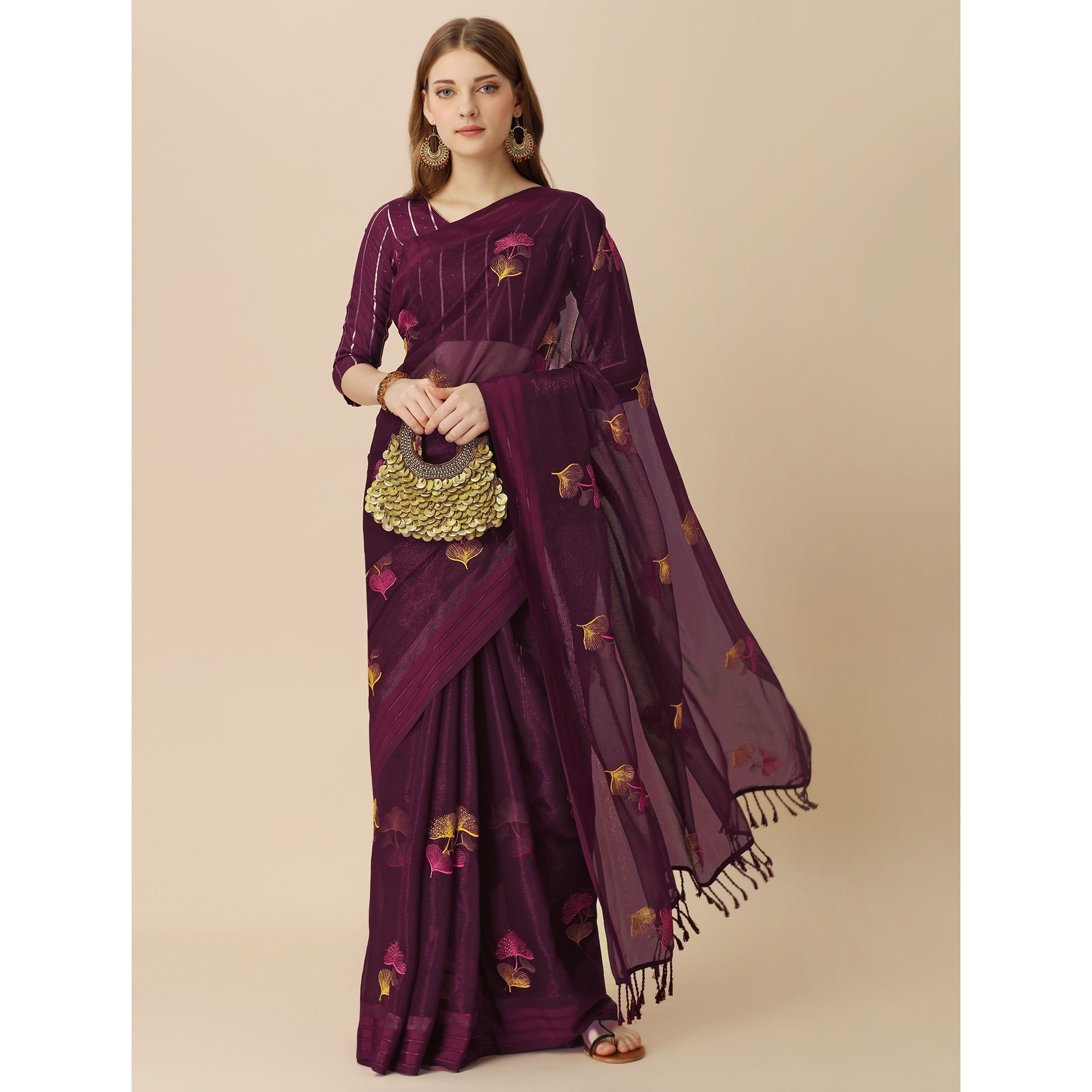 Wine Floral Embroidered Chiffon Saree With With Tassels