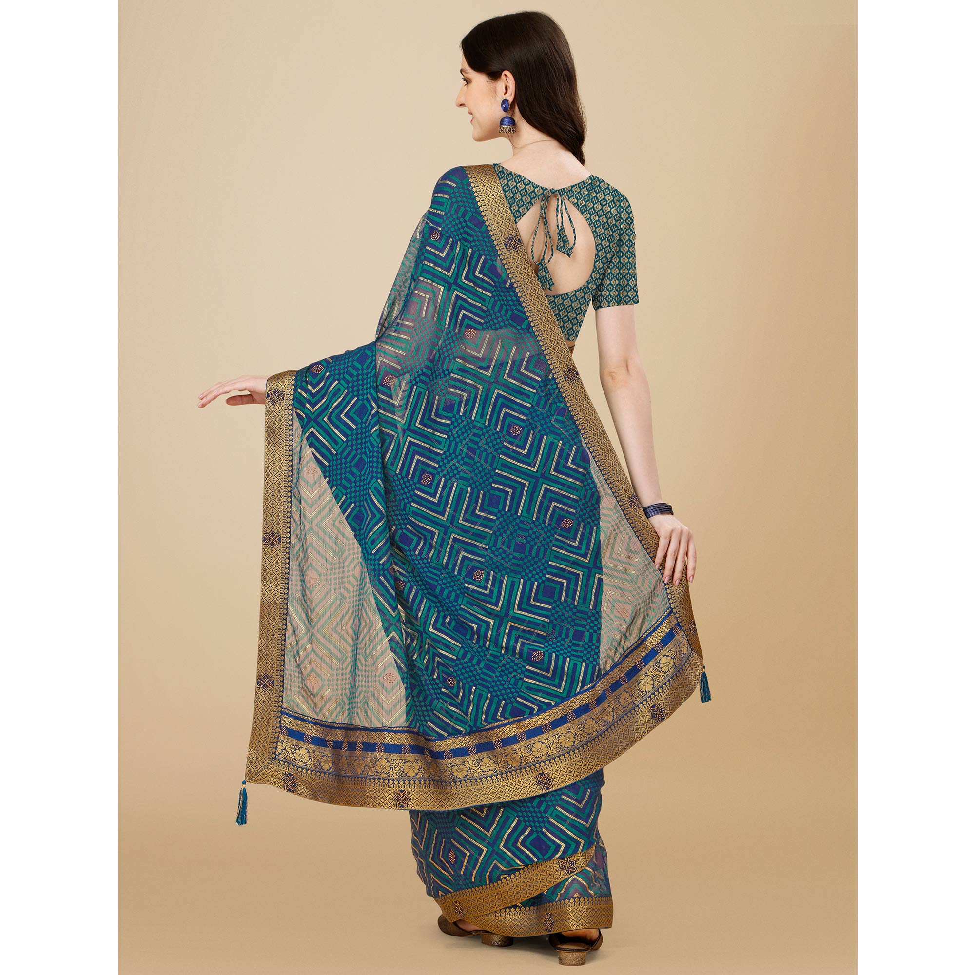 Blue Geometric Printed Brasso Saree