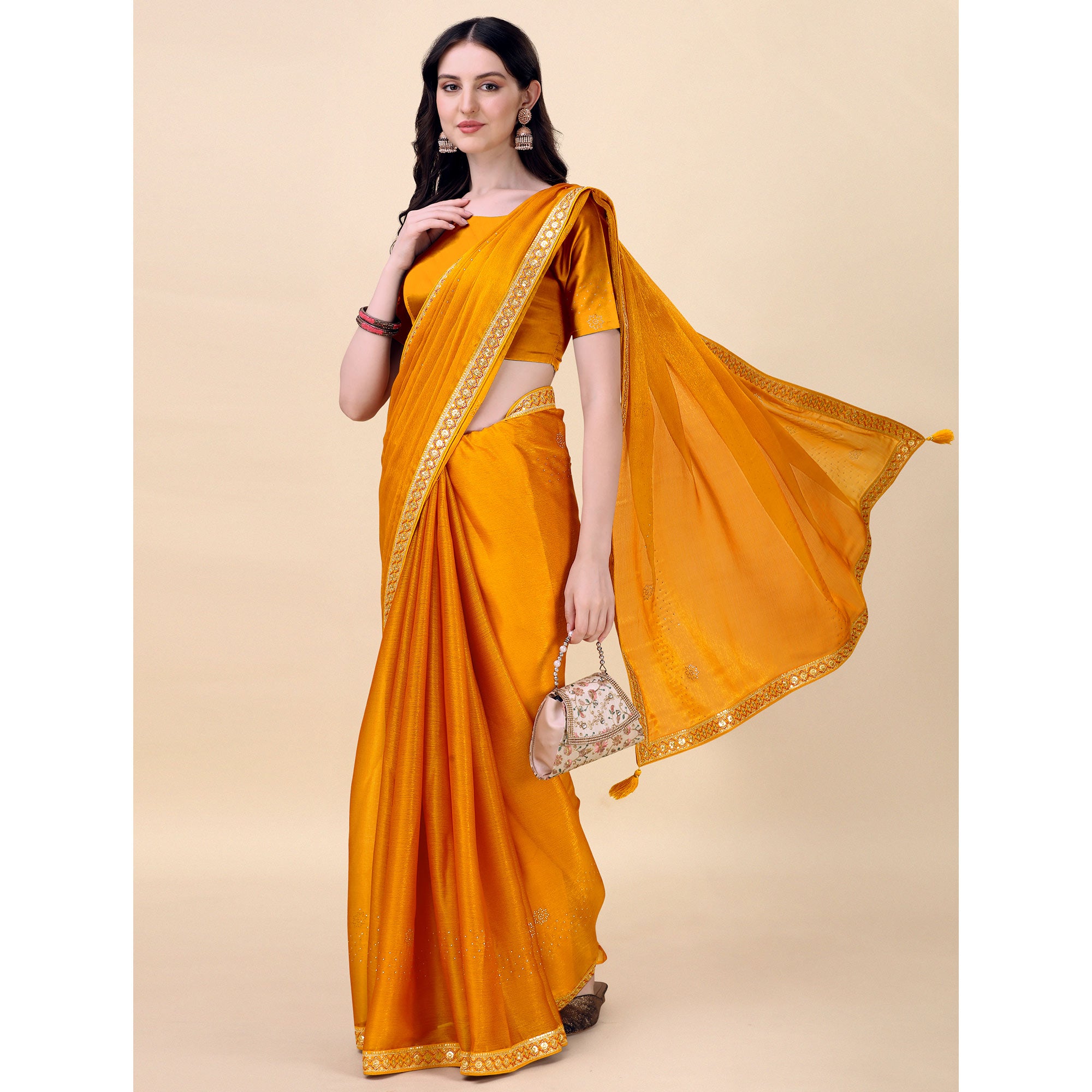 Yellow Swarovski With Sequins Embroidered Chiffon Saree