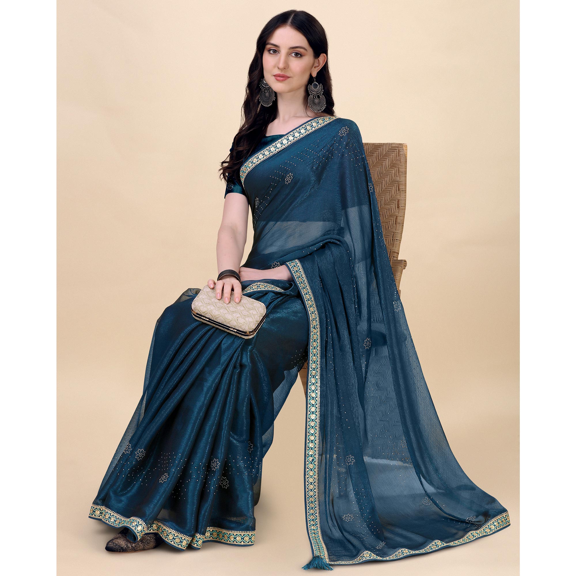 Teal Blue Swarovski With Sequins Embroidered Chiffon Saree