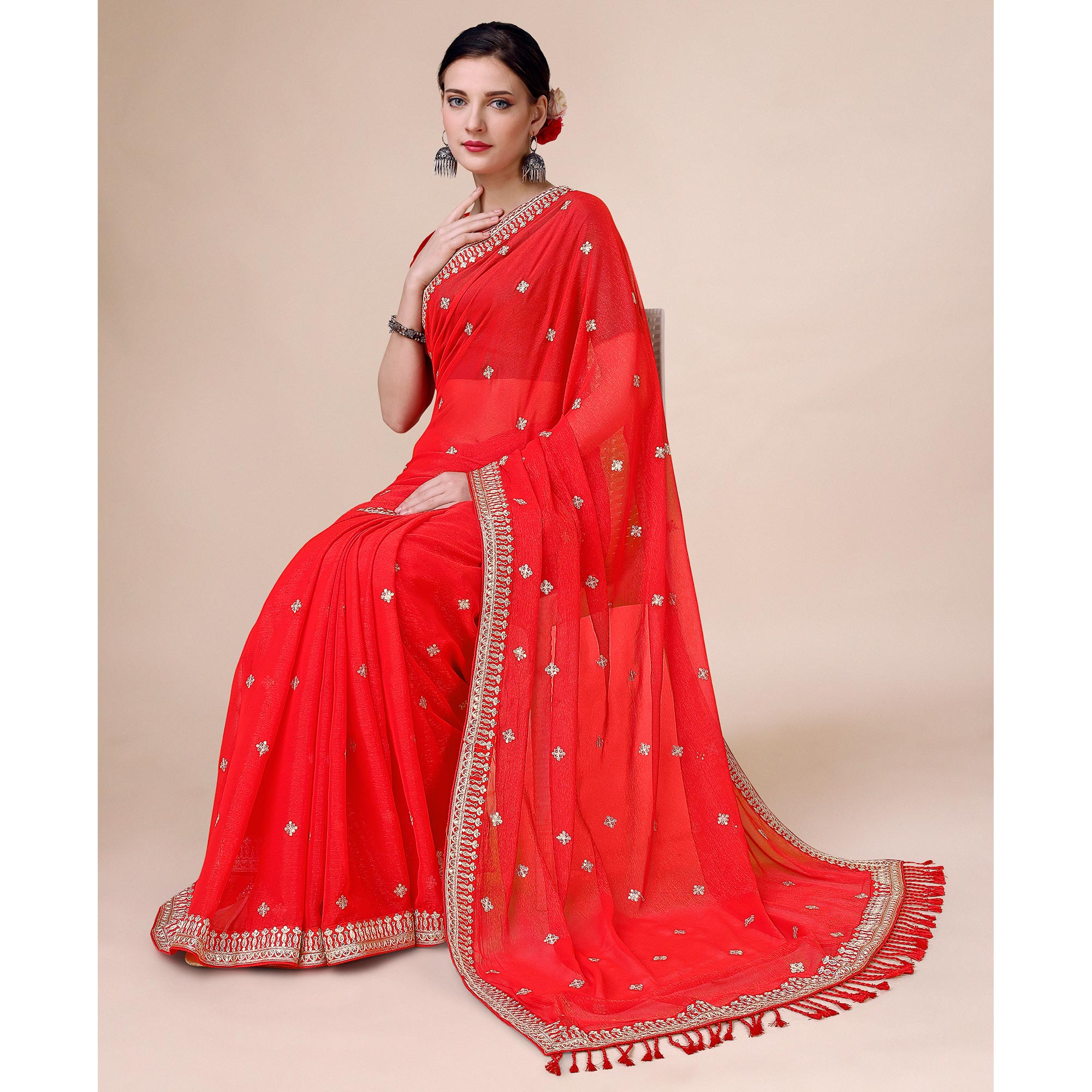 Red Sequins Embroidered Chiffon Saree