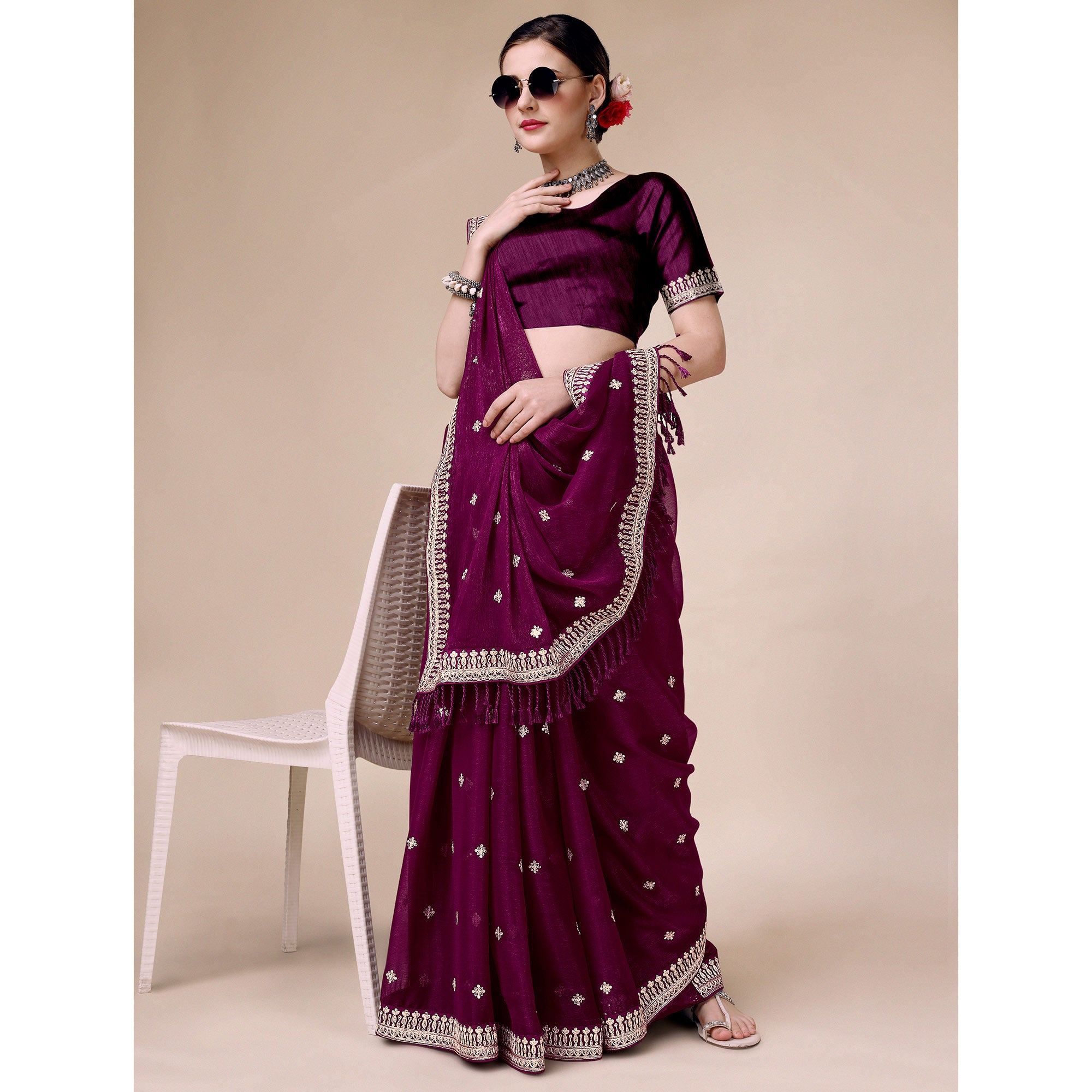 Wine Sequins Embroidered Chiffon Saree