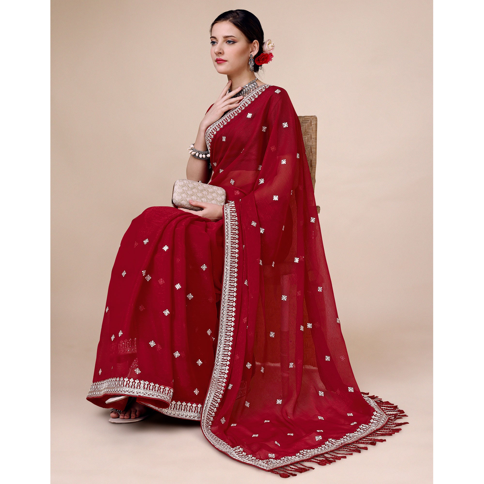 Maroon Sequins Embroidered Chiffon Saree