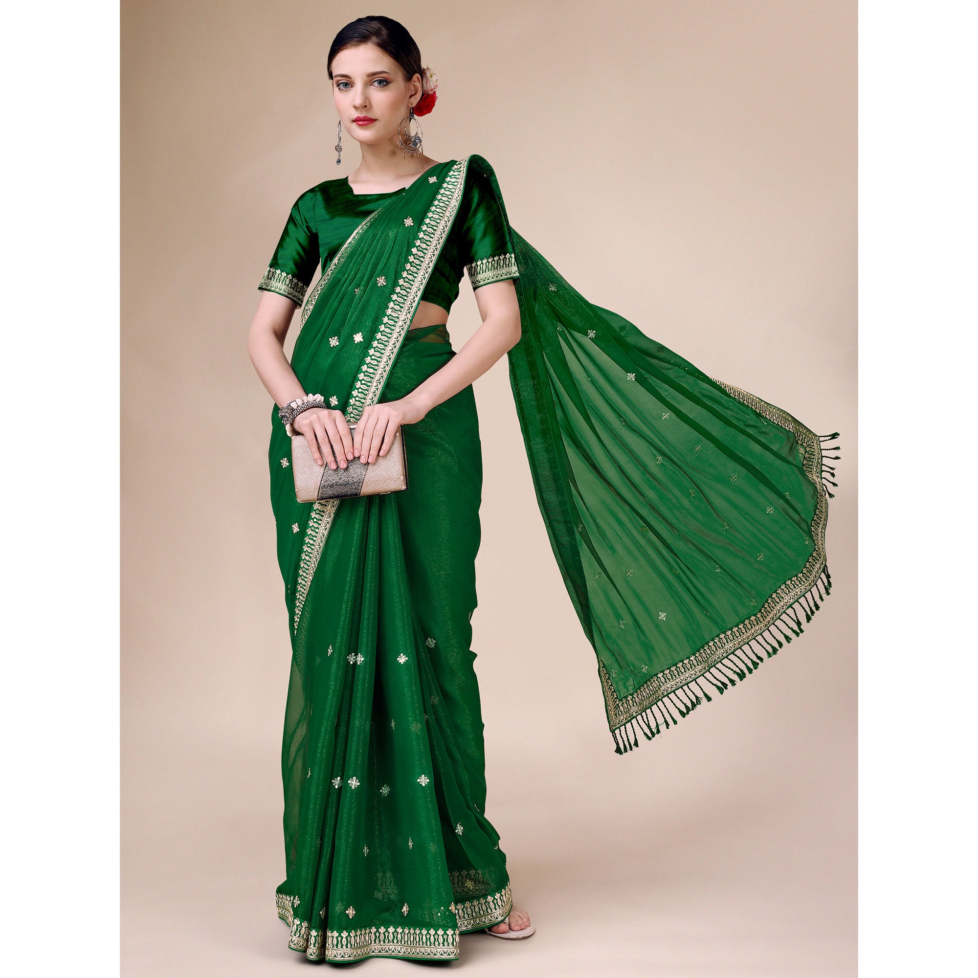 Green Sequins Embroidered Chiffon Saree