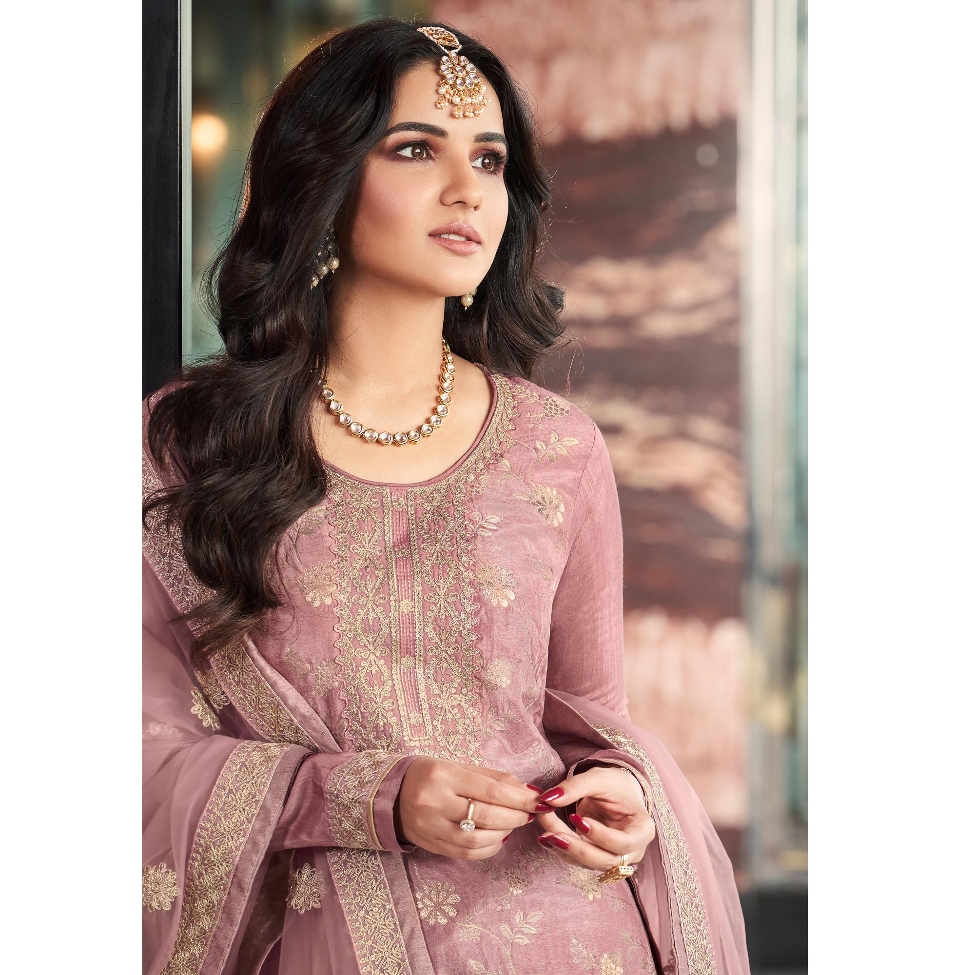 Mauve Embroidered Viscose Semi Stitched Salwar Suit