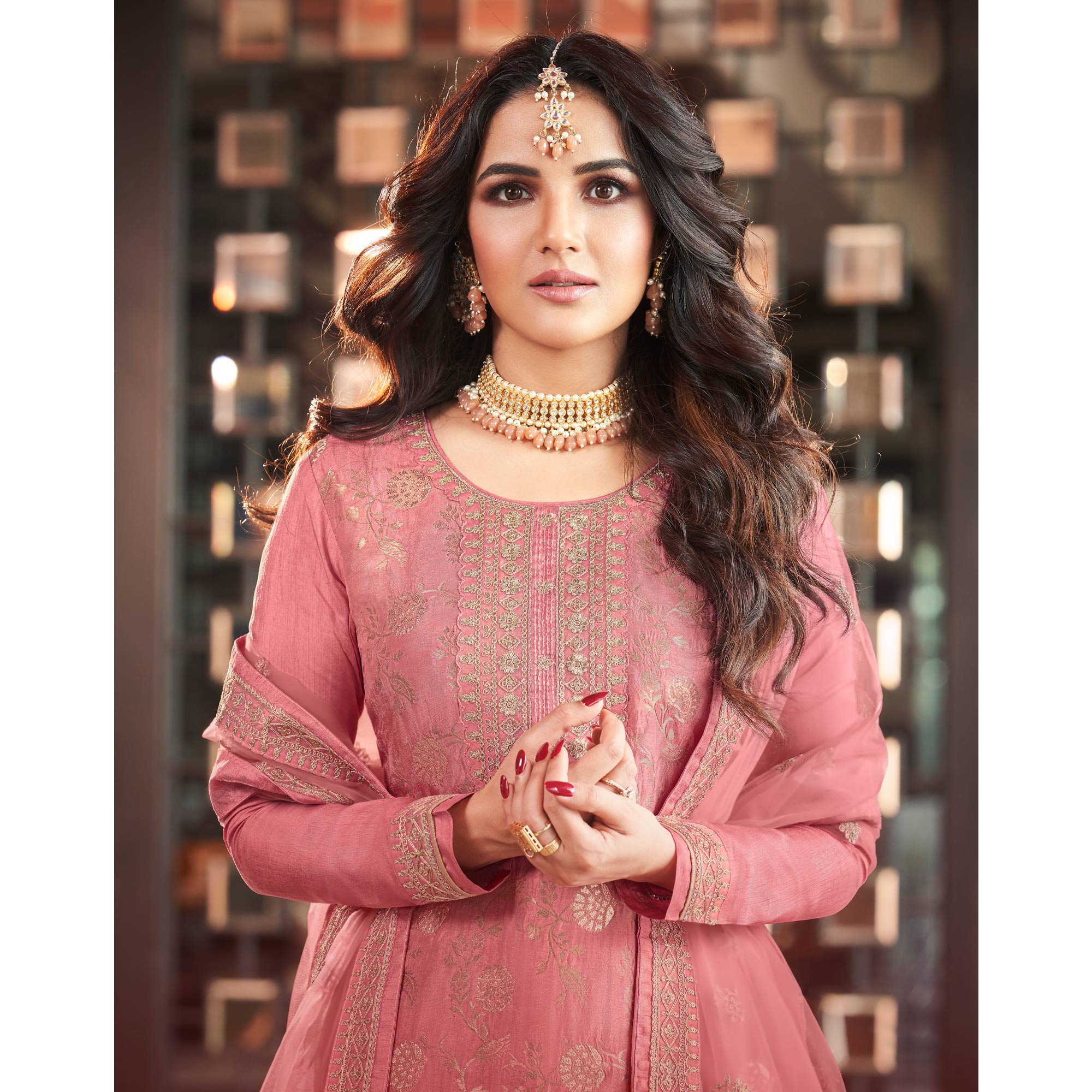 Pink Embroidered Viscose Semi Stitched Salwar Suit
