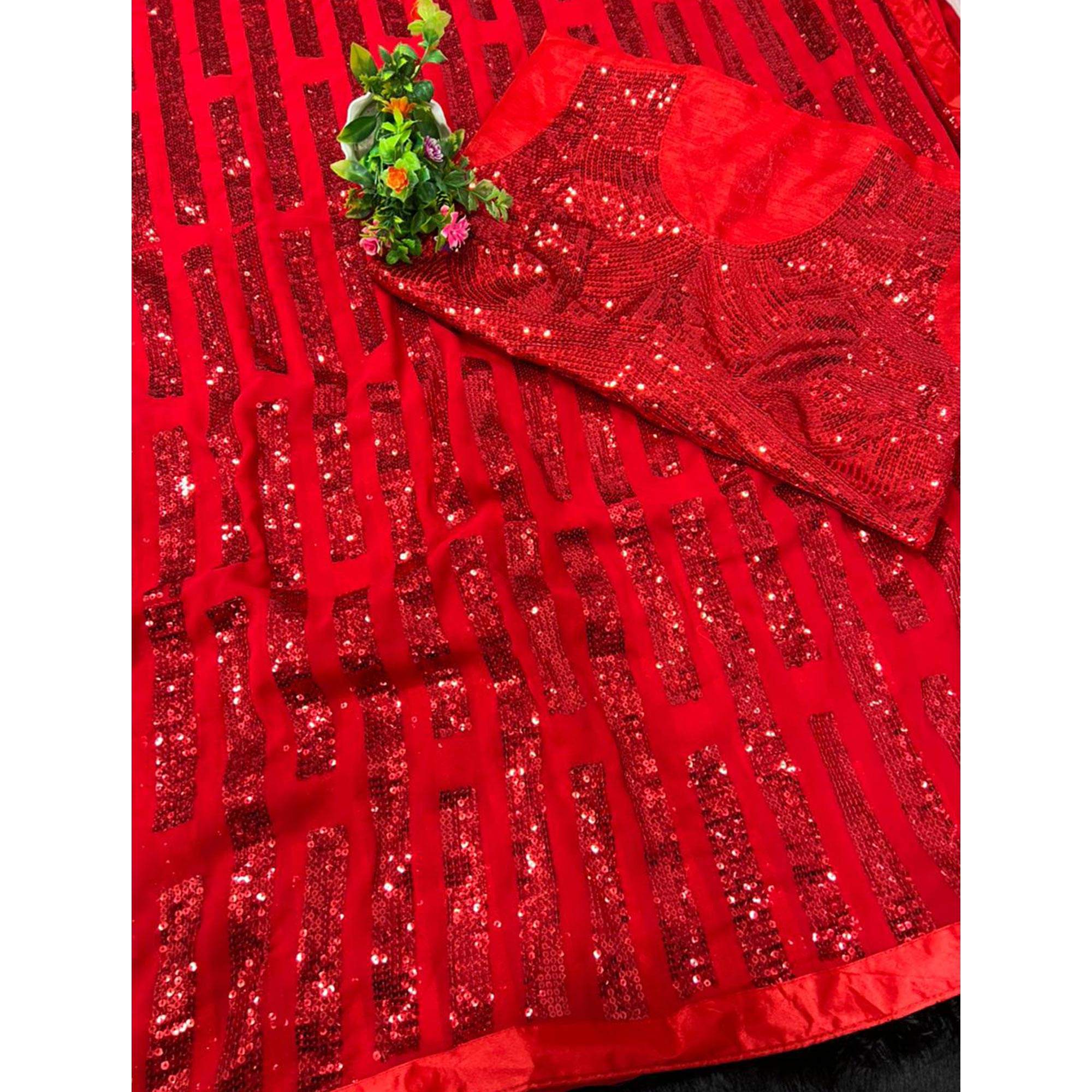 Red Sequins Embroidered Georgette Saree