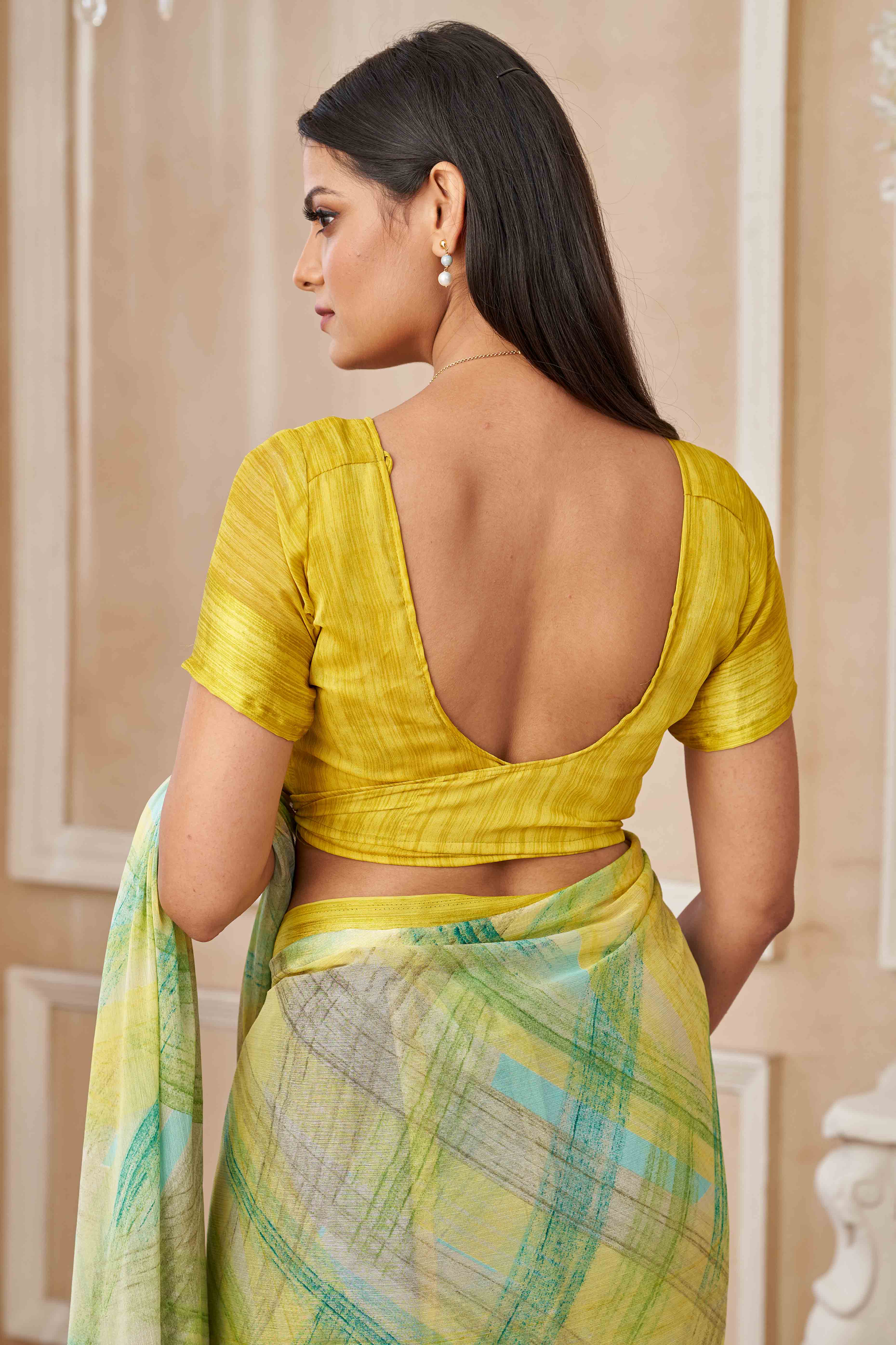 Lime Green Chiffon Saree With Delicate Prints & Elegant Satin Woven Border