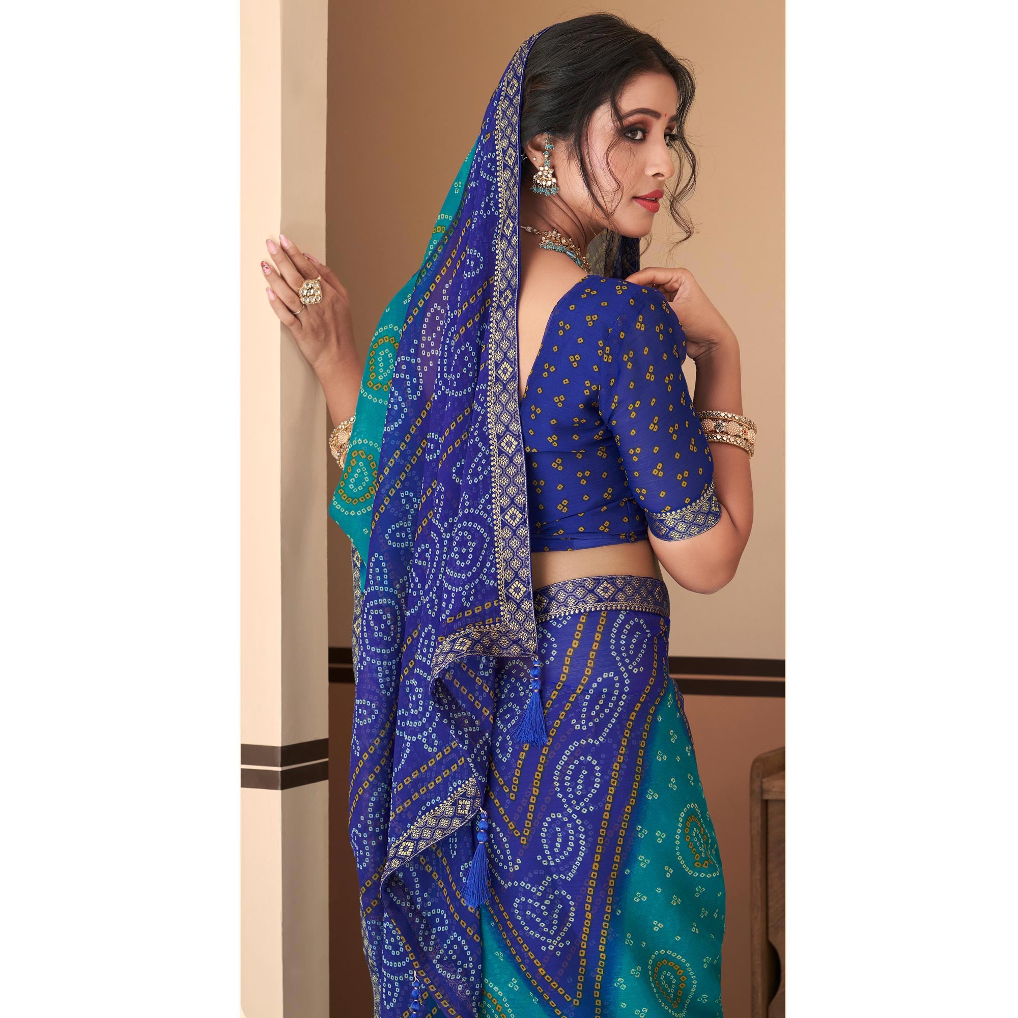 Blue Bandhani Printed Chiffon Saree With Lace Border