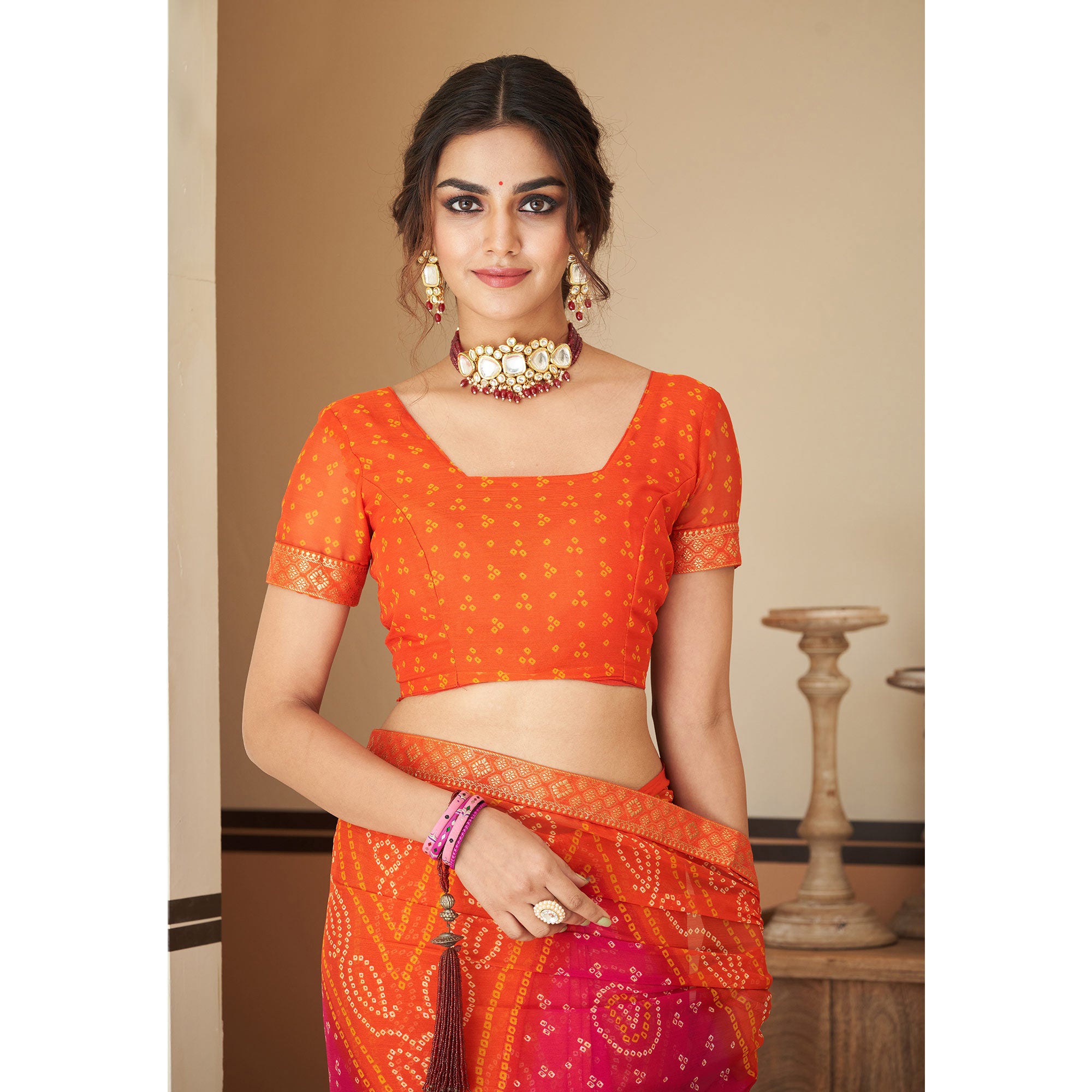 Orange & Magenta Bandhani Printed Chiffon Saree With Lace Border