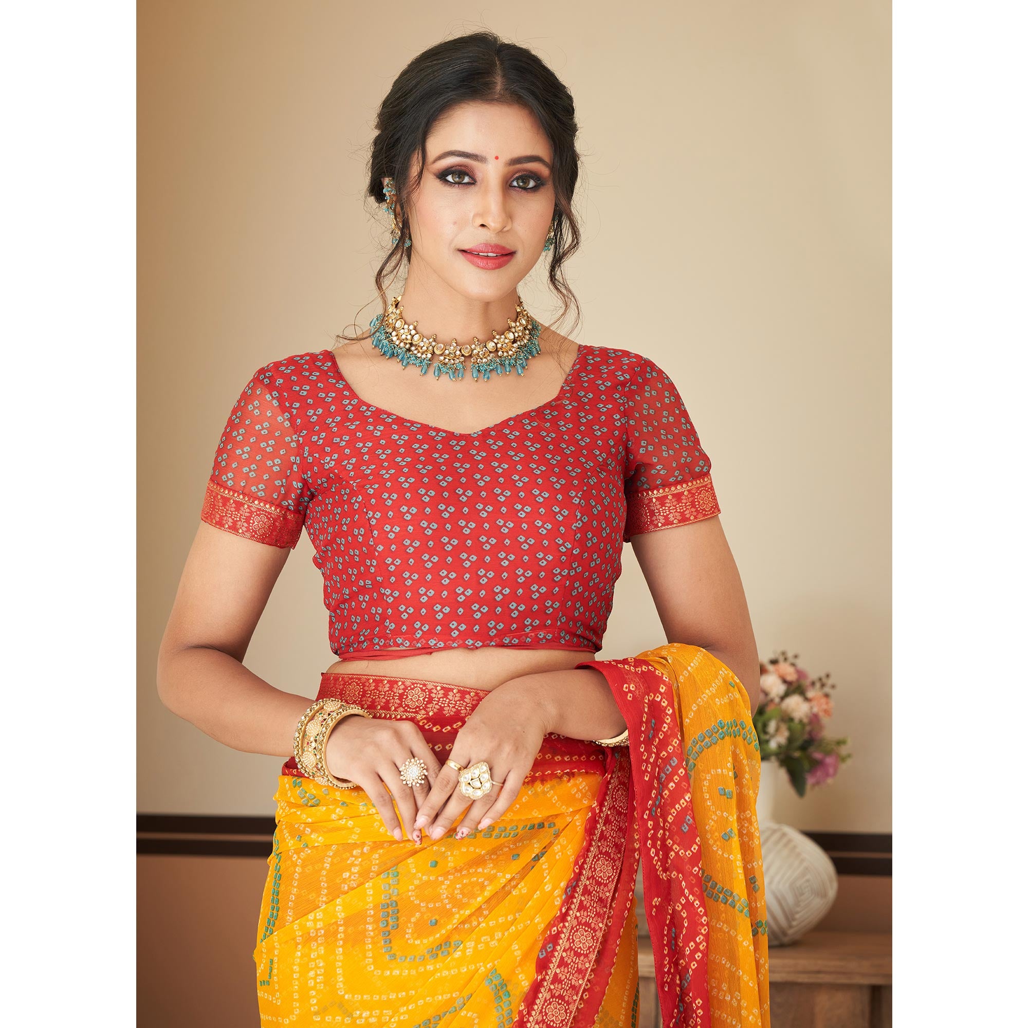 Yellow & Maroon Bandhani Printed Chiffon Saree With Lace Border