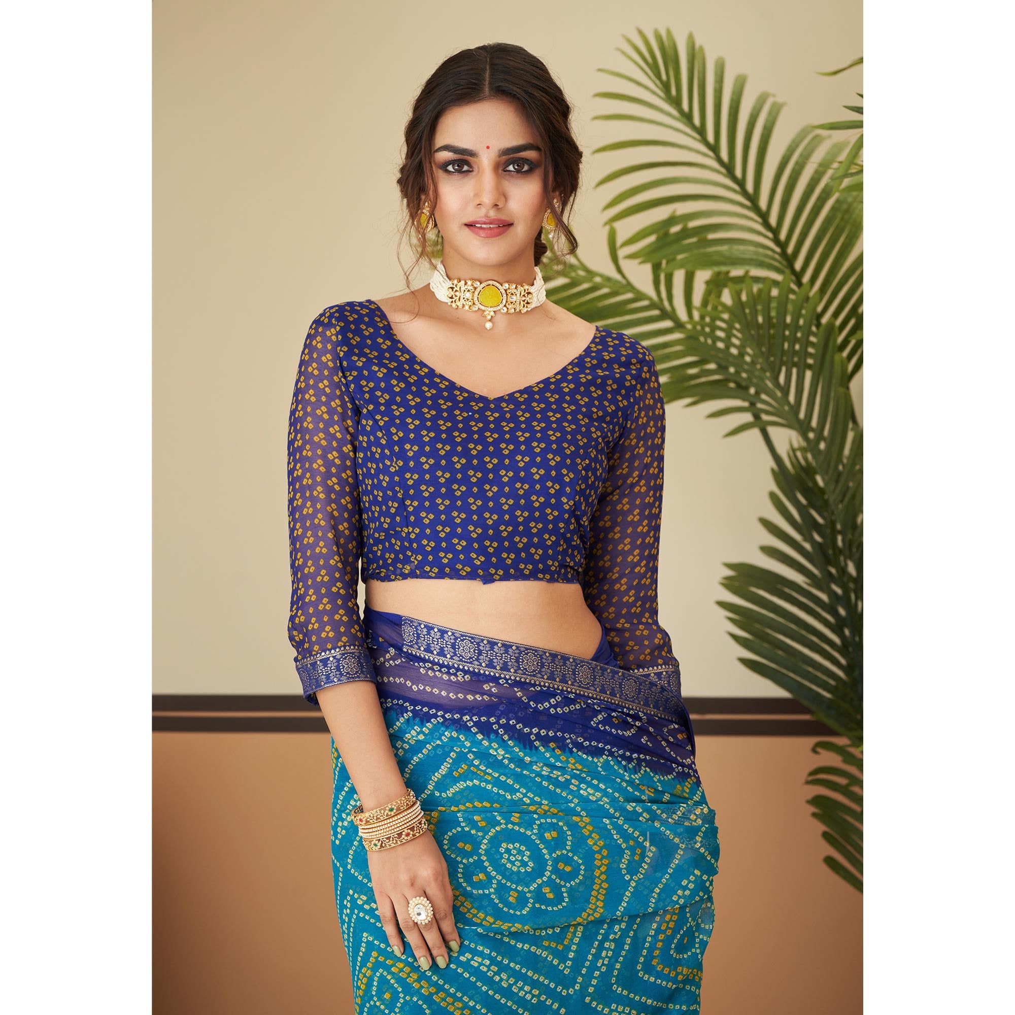 Teal & Blue Bandhani Printed Chiffon Saree With Lace Border