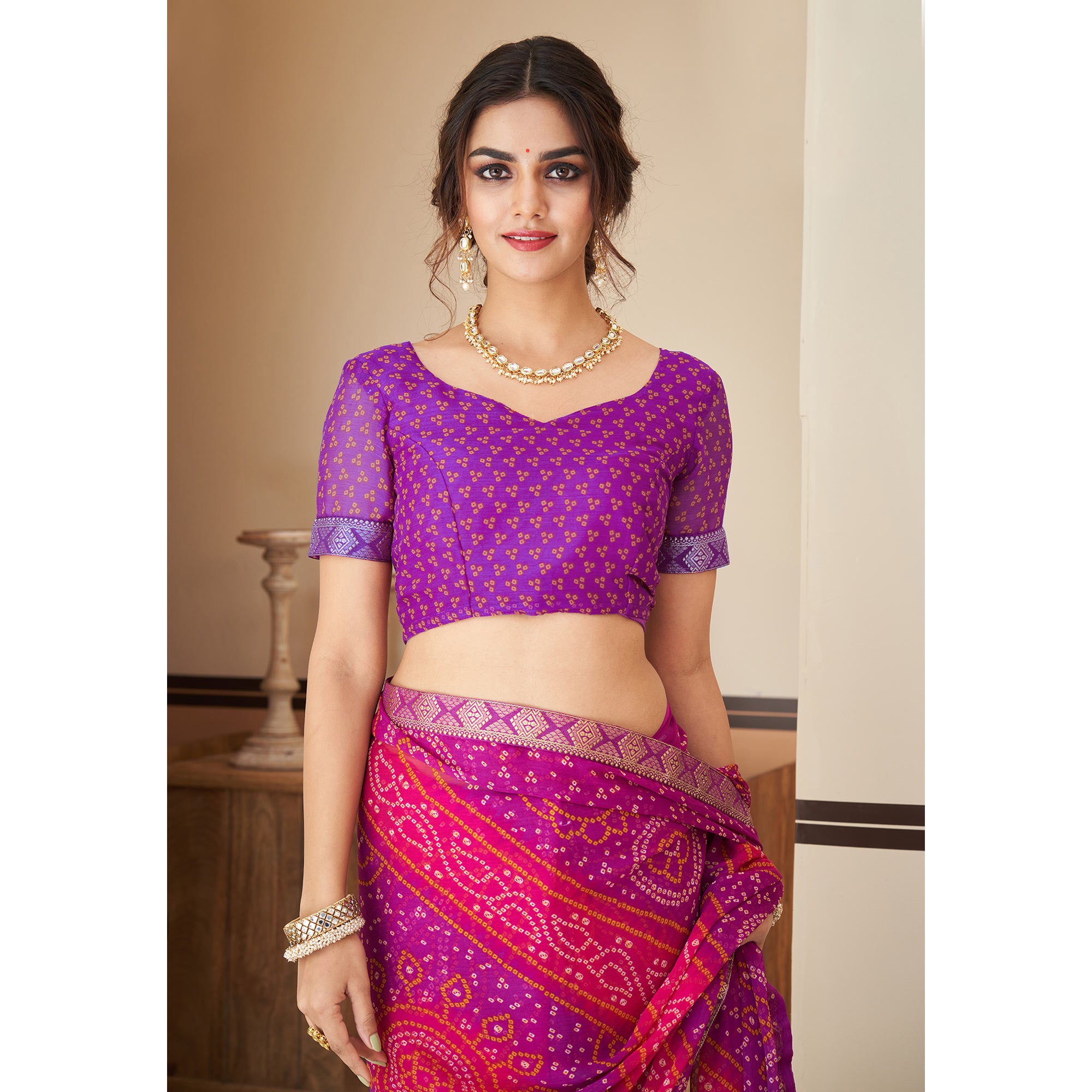 Purple Bandhani Printed Chiffon Saree With Lace Border