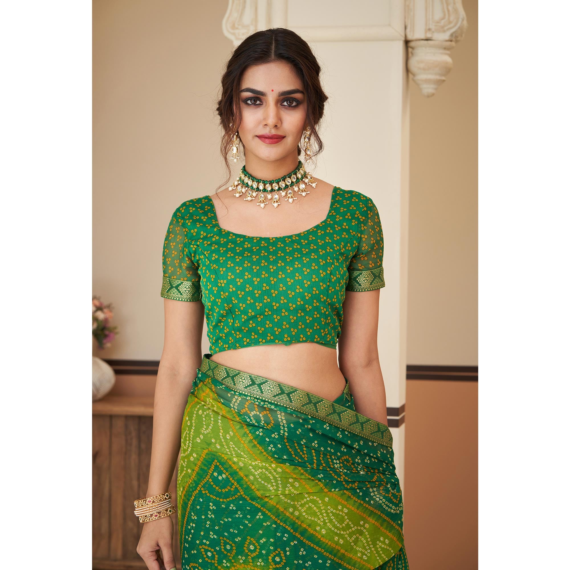 Green Bandhani Printed Chiffon Saree With Lace Border