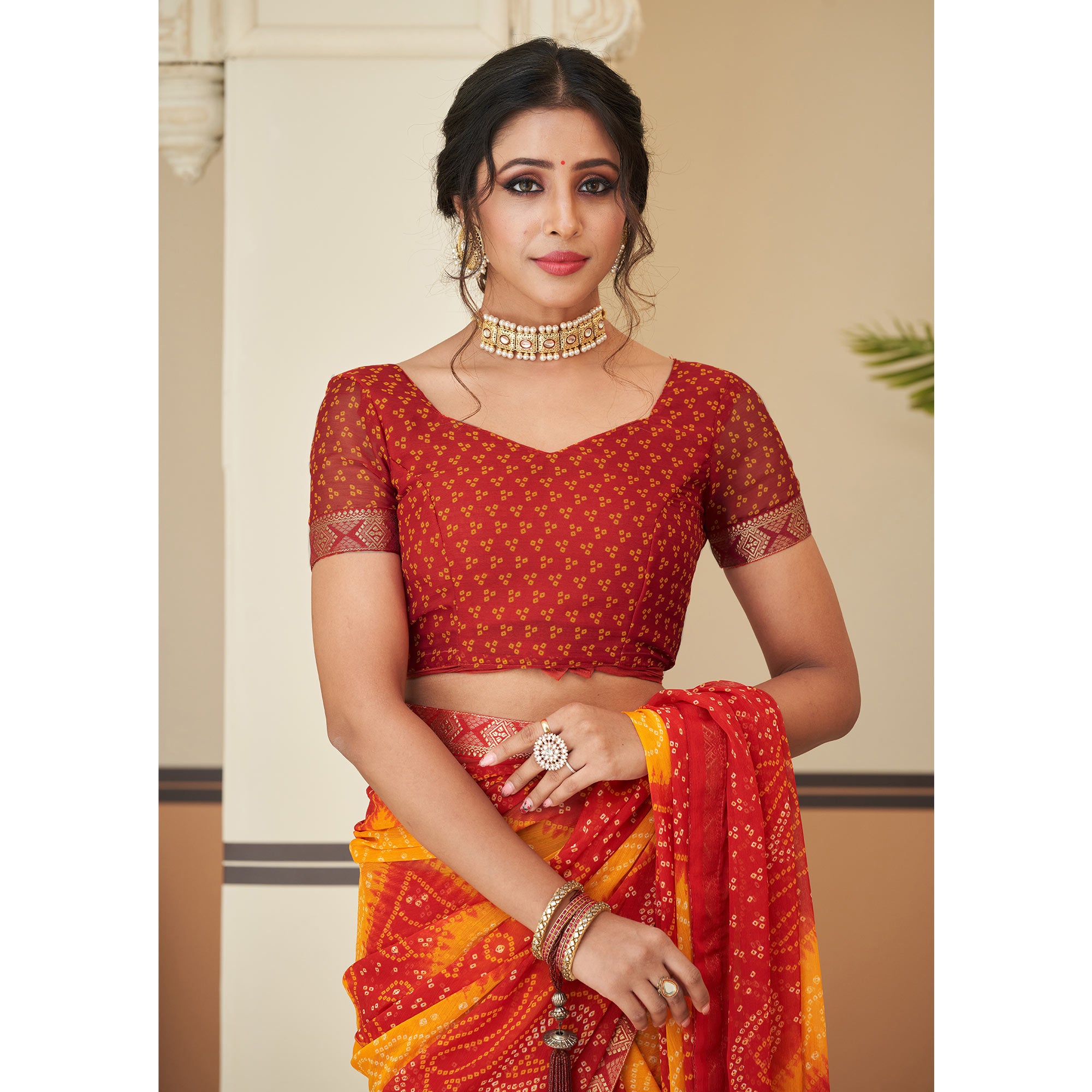 Red & Yellow Bandhani Printed Chiffon Saree With Lace Border