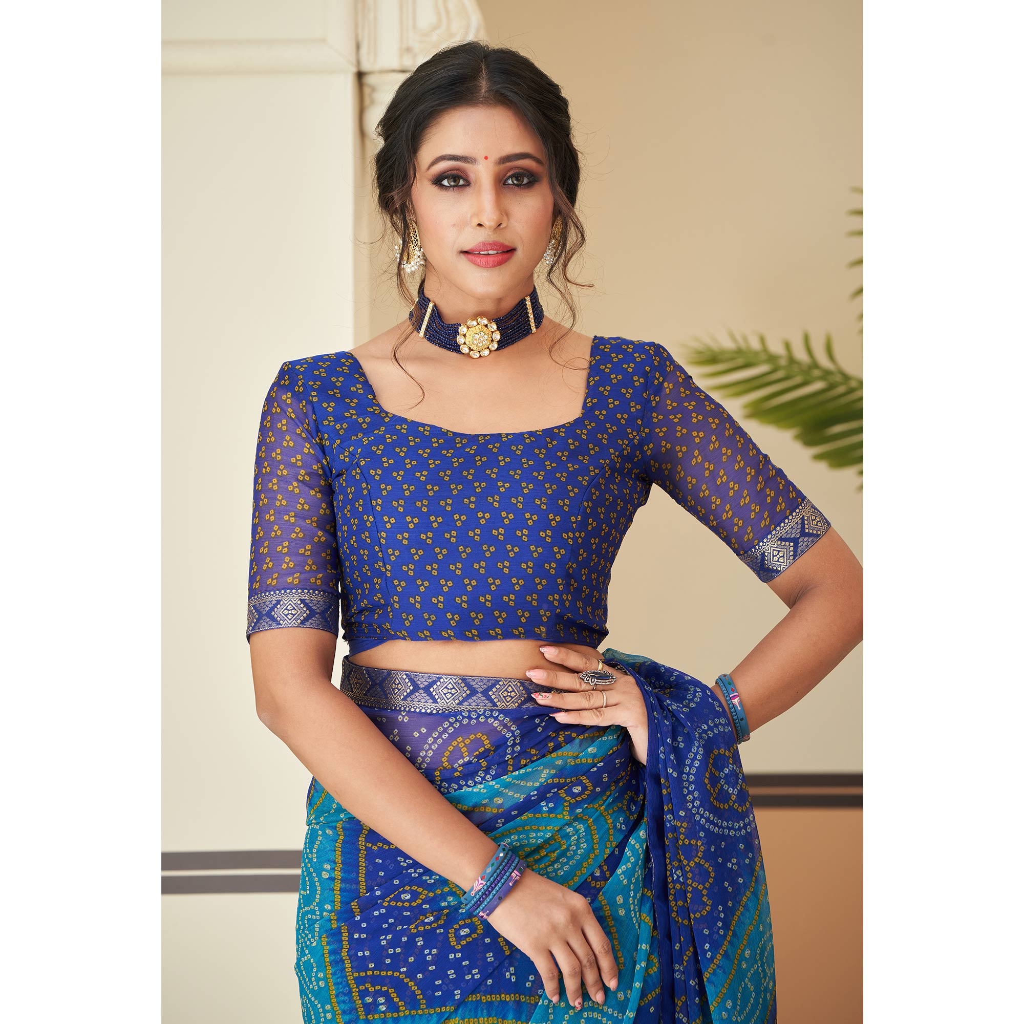 Blue Bandhani Printed Chiffon Saree With Lace Border