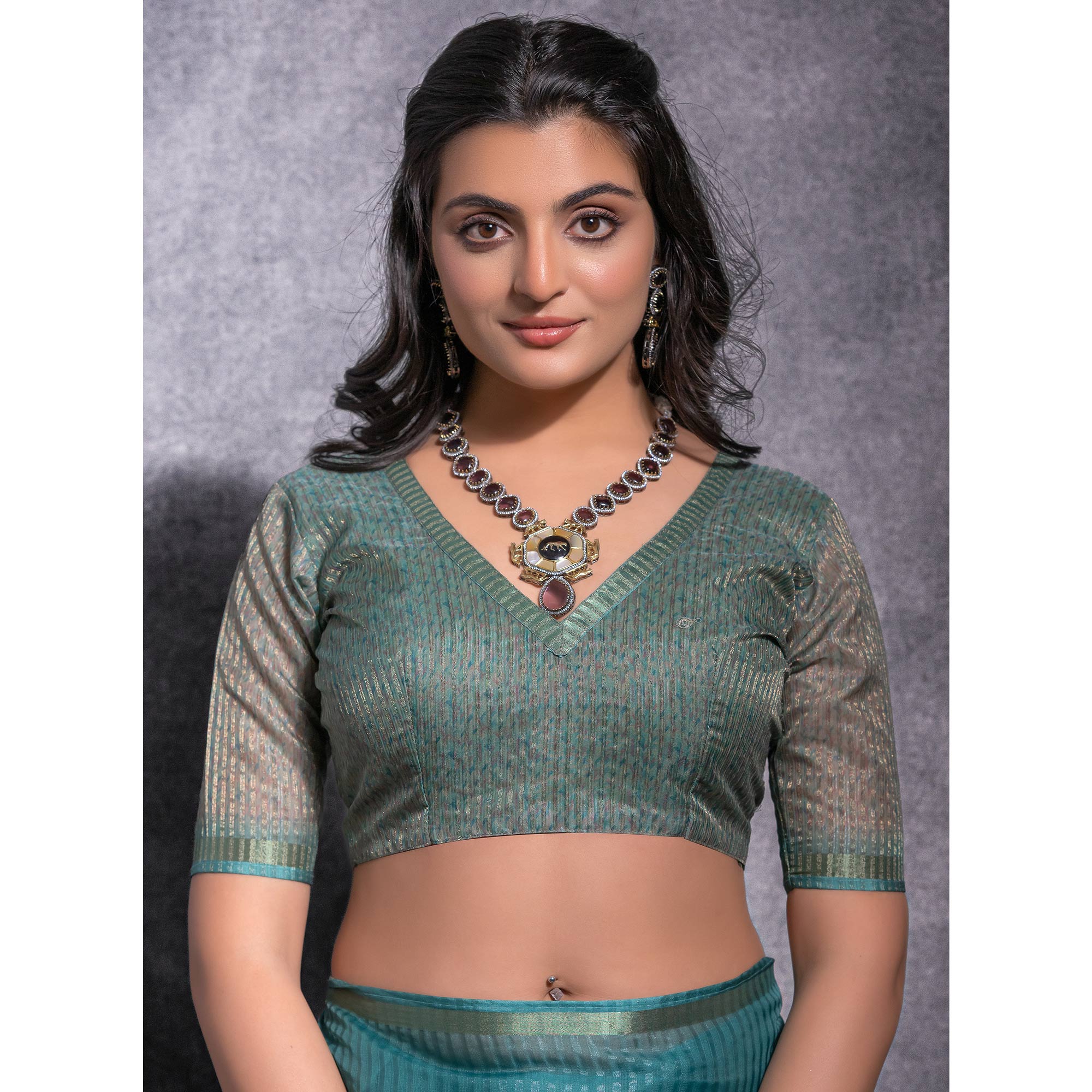 Rama Green Digital Printed Linen Saree With Woven Border