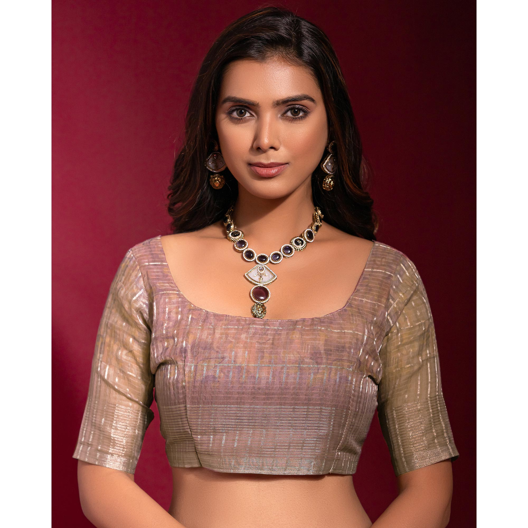 Mauve Digital Printed With Zari Work Linen Saree