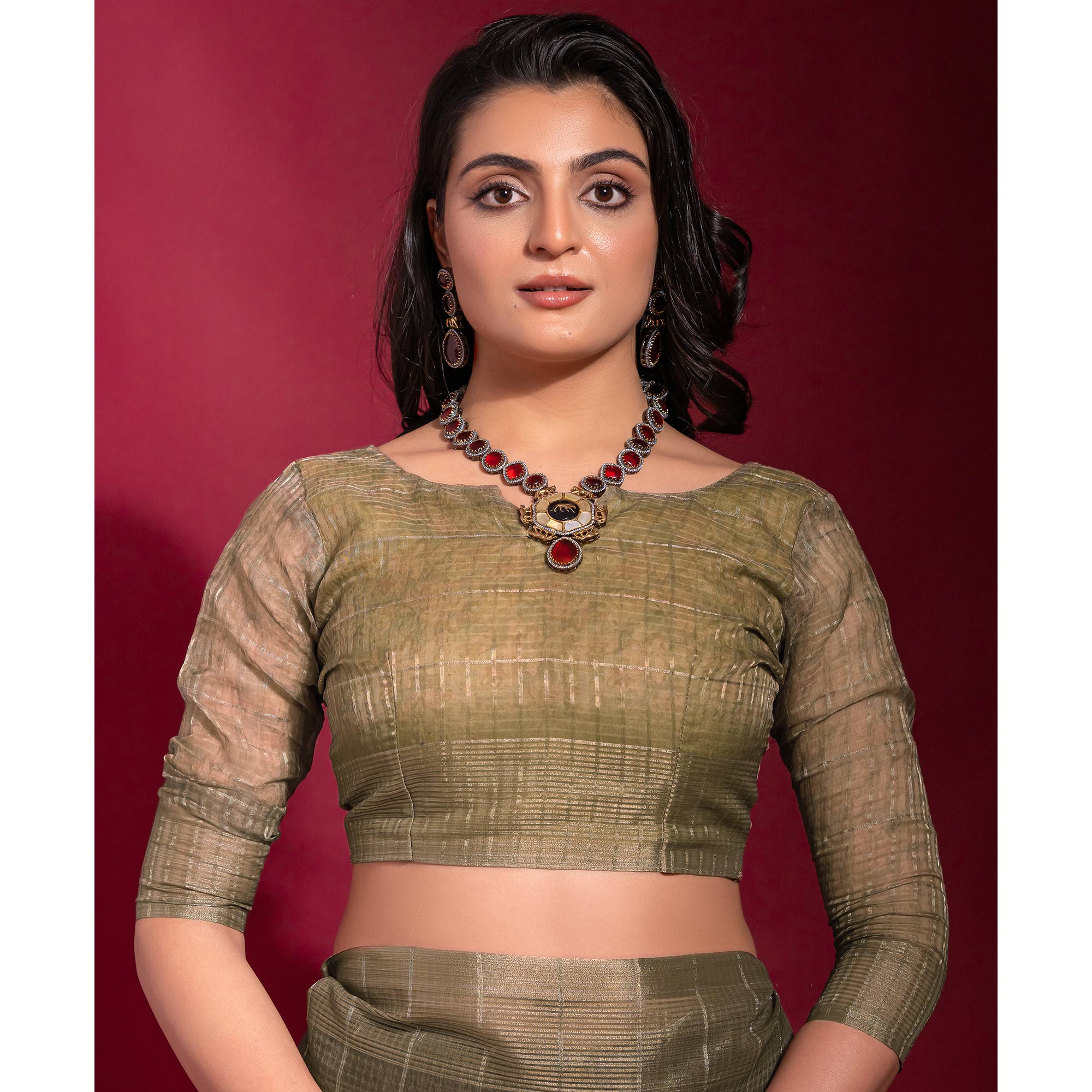 Olive Digital Printed With Zari Work Linen Saree