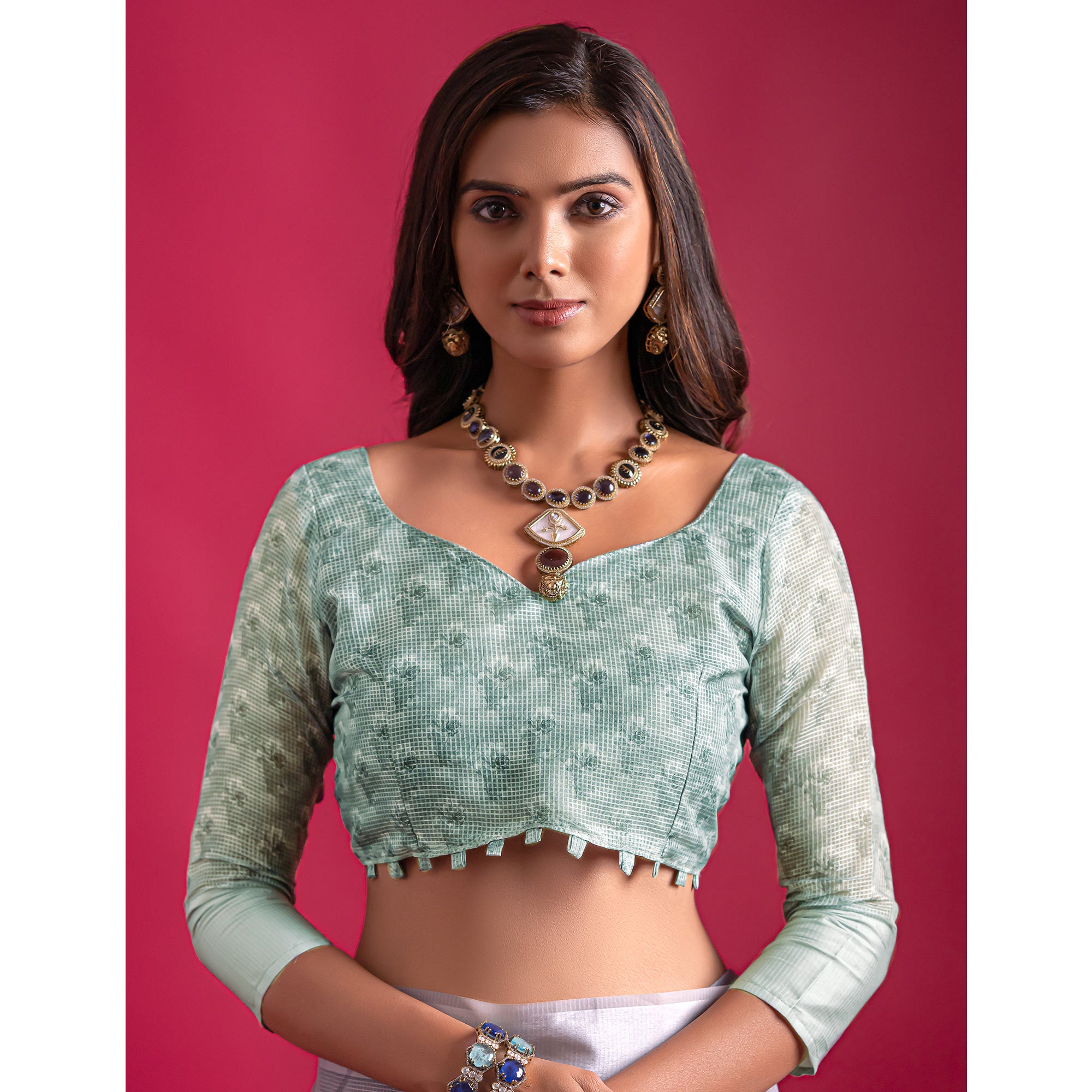 Grey Floral Digital Printed Linen Saree With Woven Border