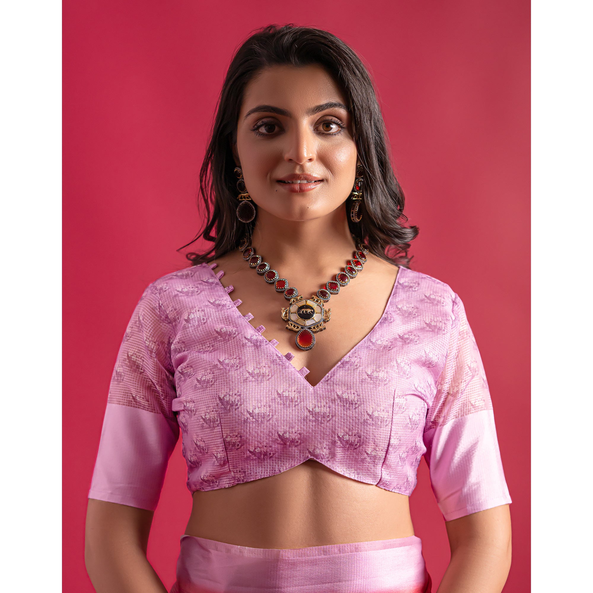 Pink Floral Digital Printed Linen Saree With Woven Border