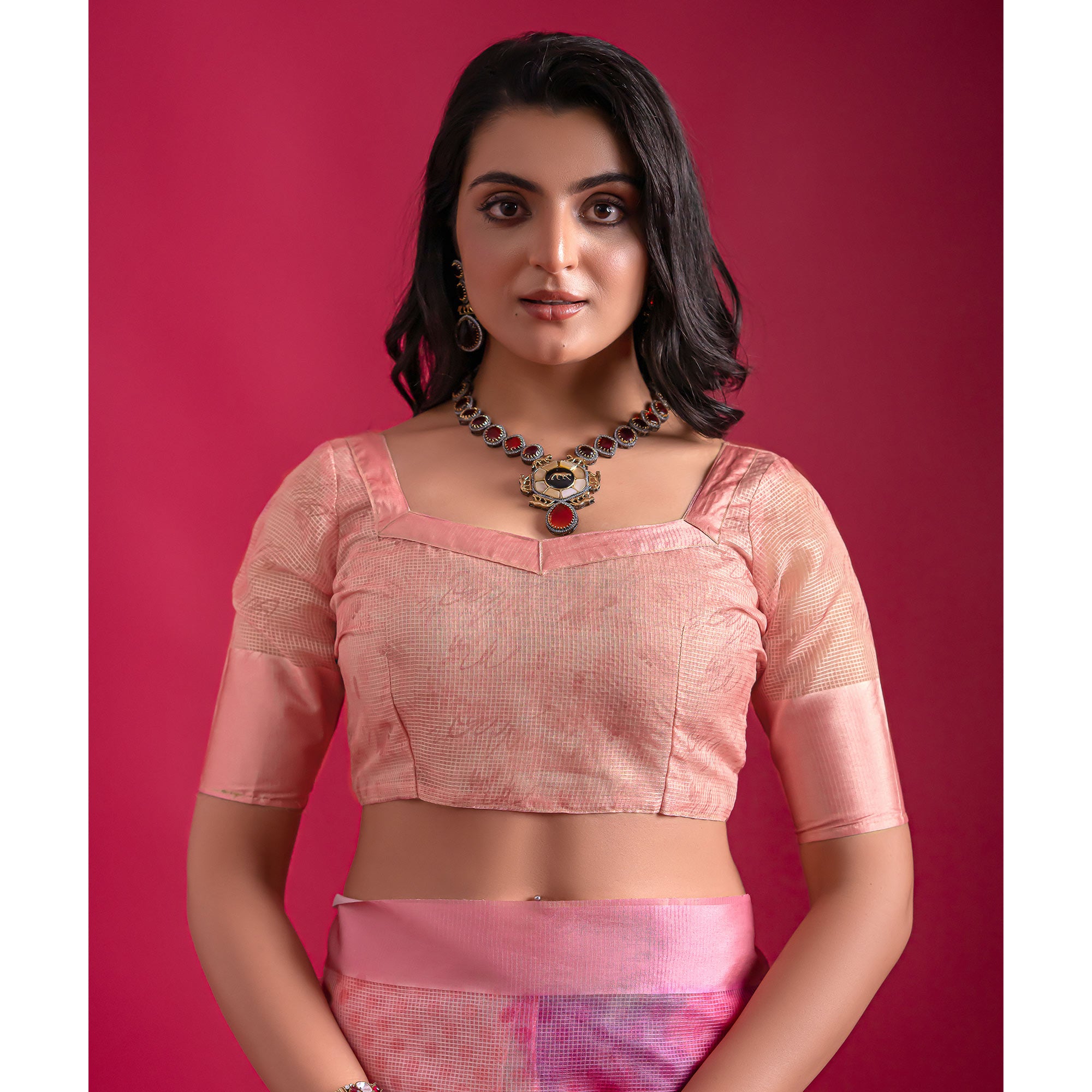 Pink Floral Digital Printed Linen Saree With Woven Border