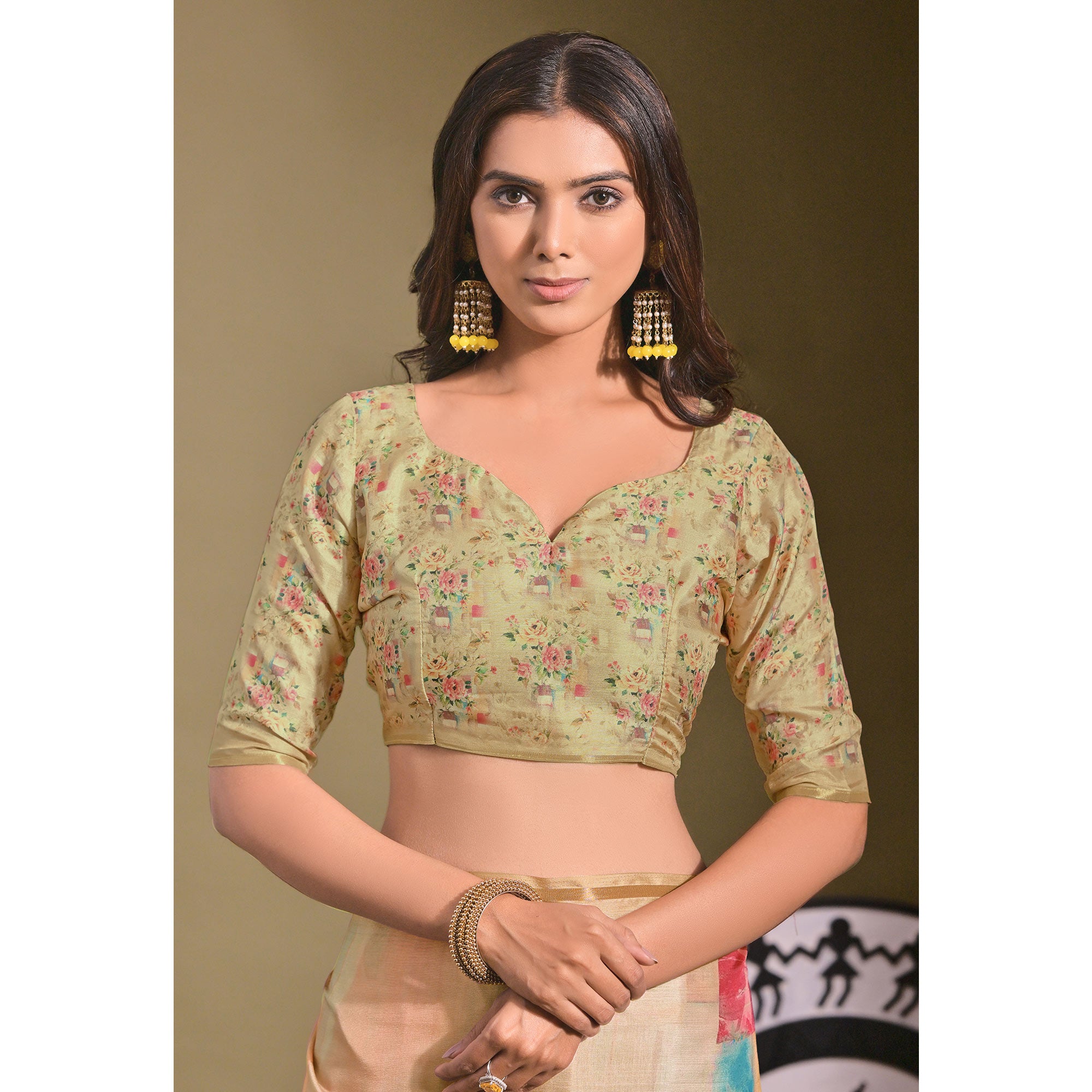 Beige Floral Digital Printed Tussar Silk Saree