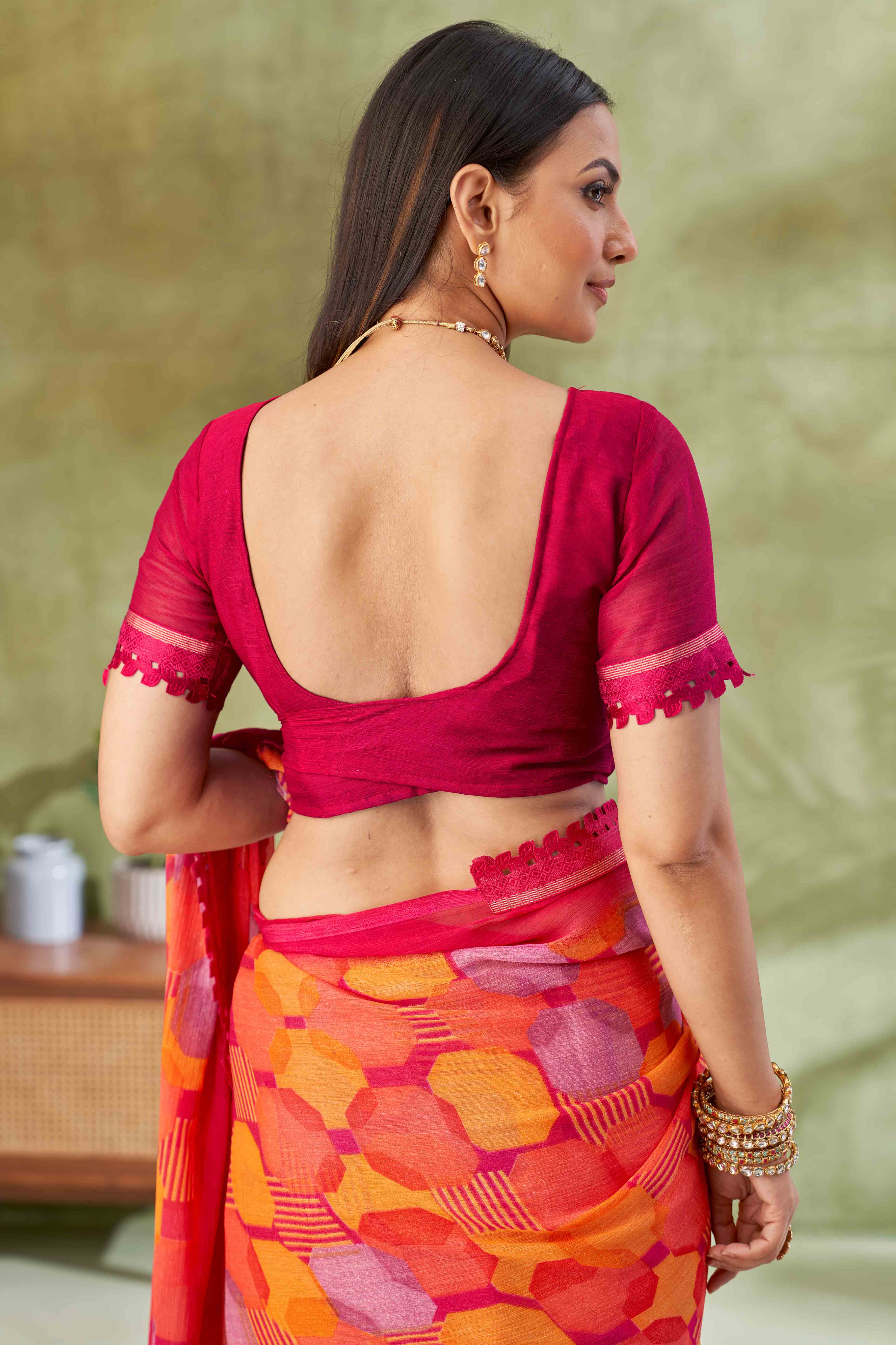 Magenta Digital Printed Chiffon Saree Accented With Elegant Lace Border