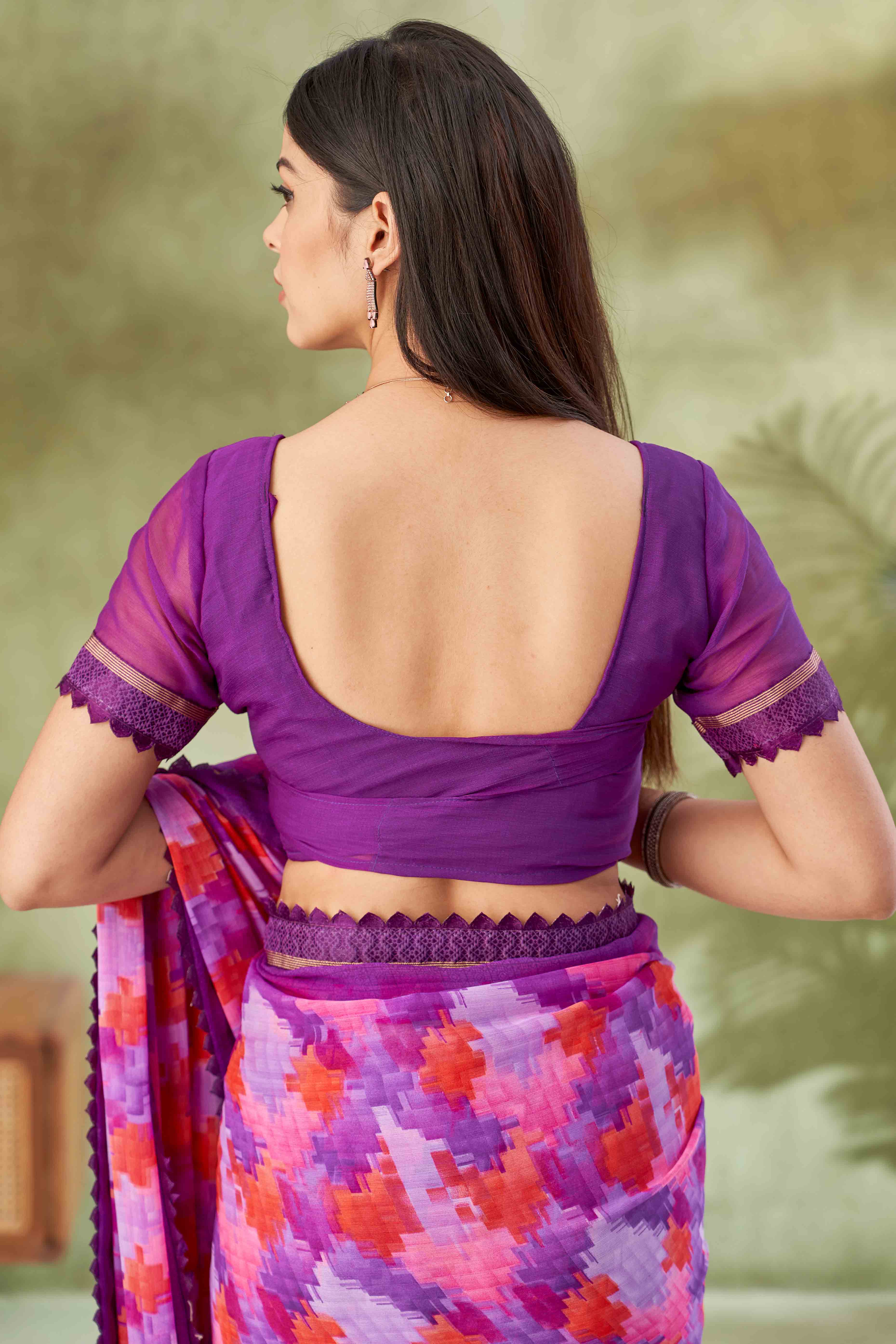 Purple Digital Printed Chiffon Saree Accented With Elegant Lace Border
