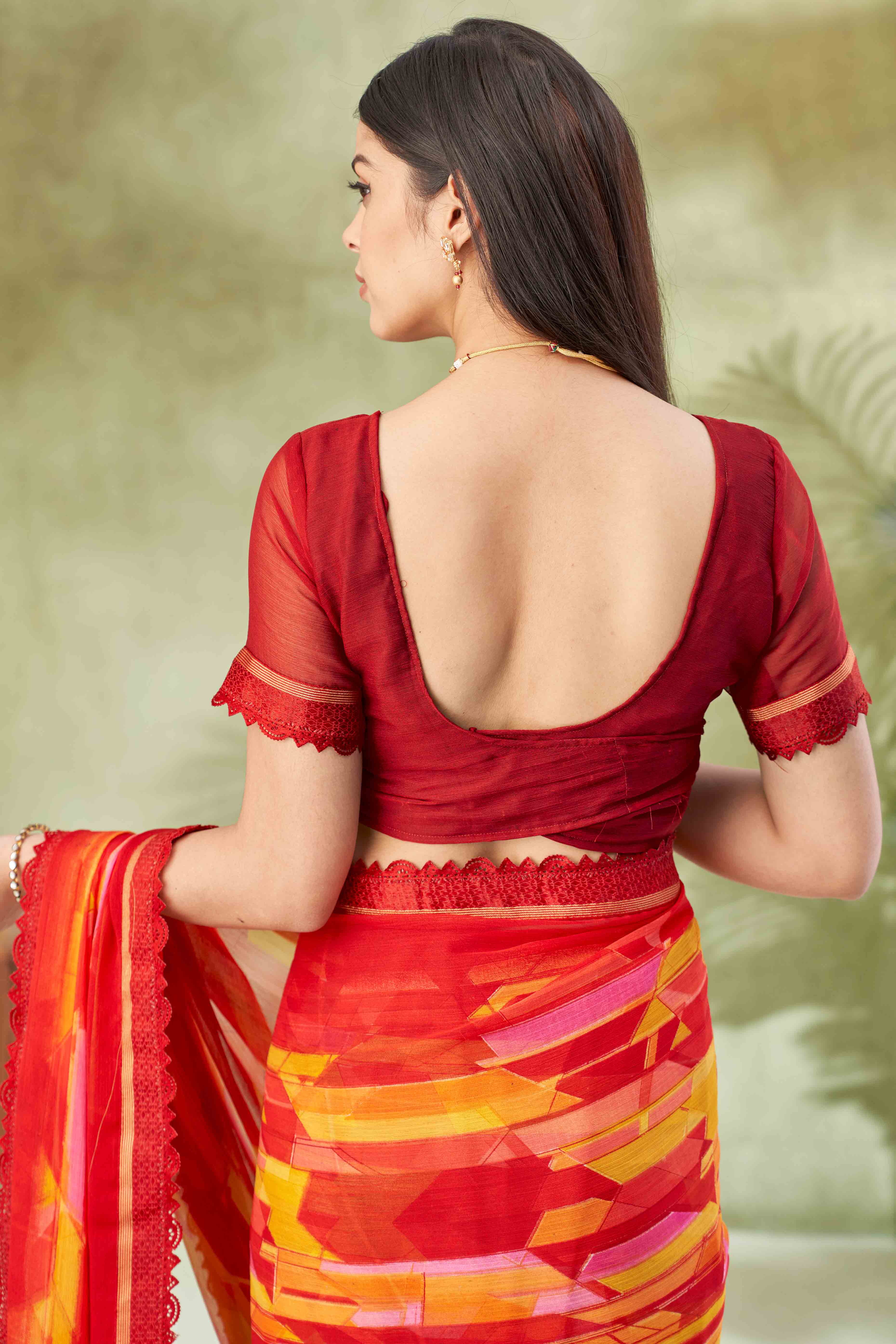 Maroon Digital Printed Chiffon Saree Accented With Elegant Lace Border