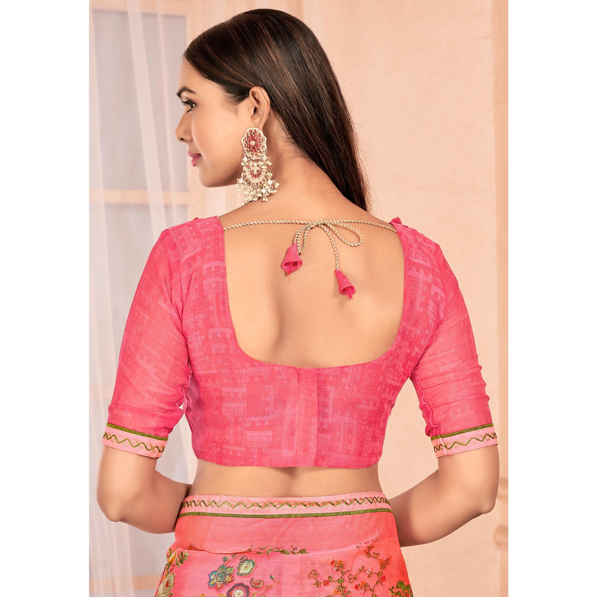 Salmon Pink Floral Printed Chiffon Saree With Lace Border