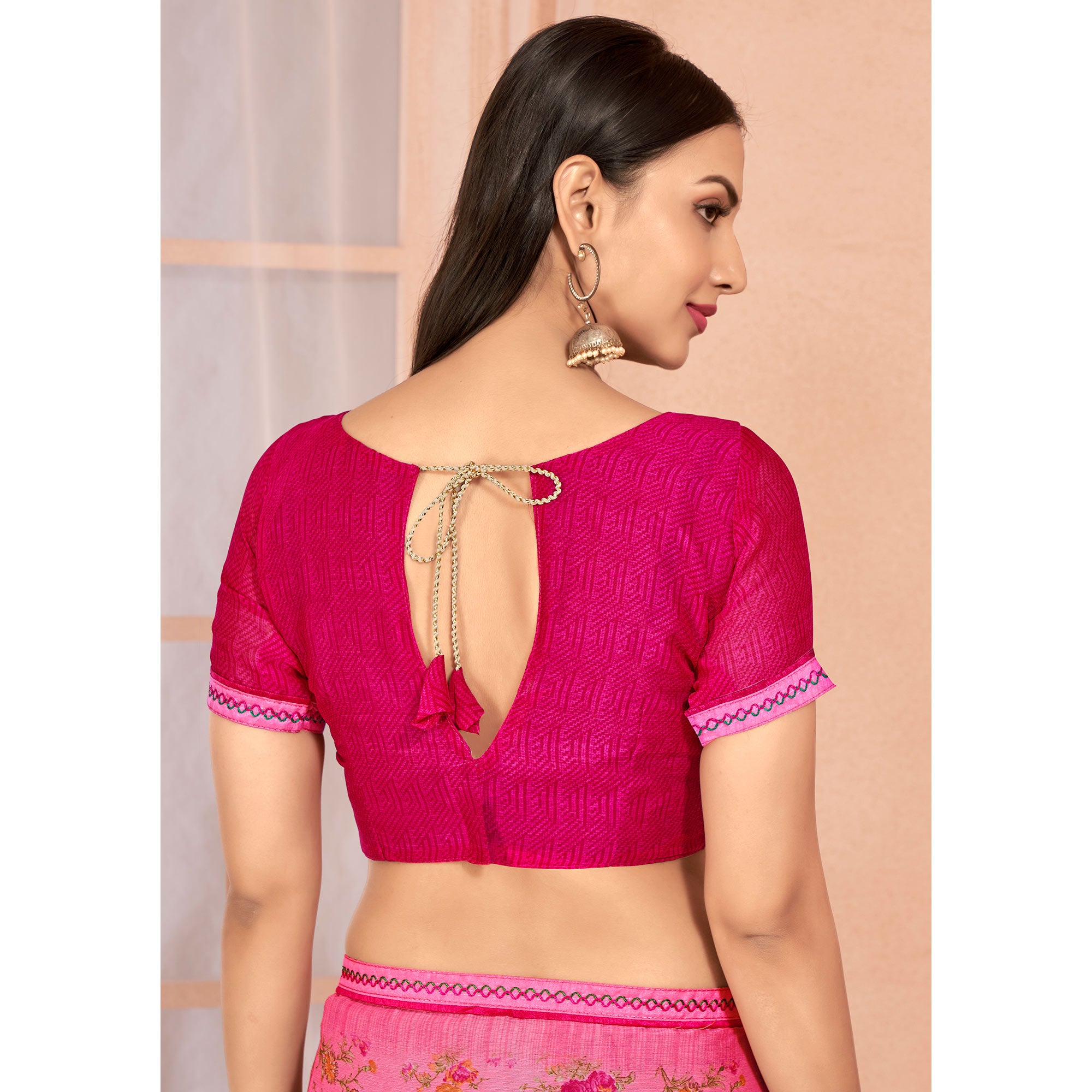 Pink Floral Printed Chiffon Saree With Lace Border