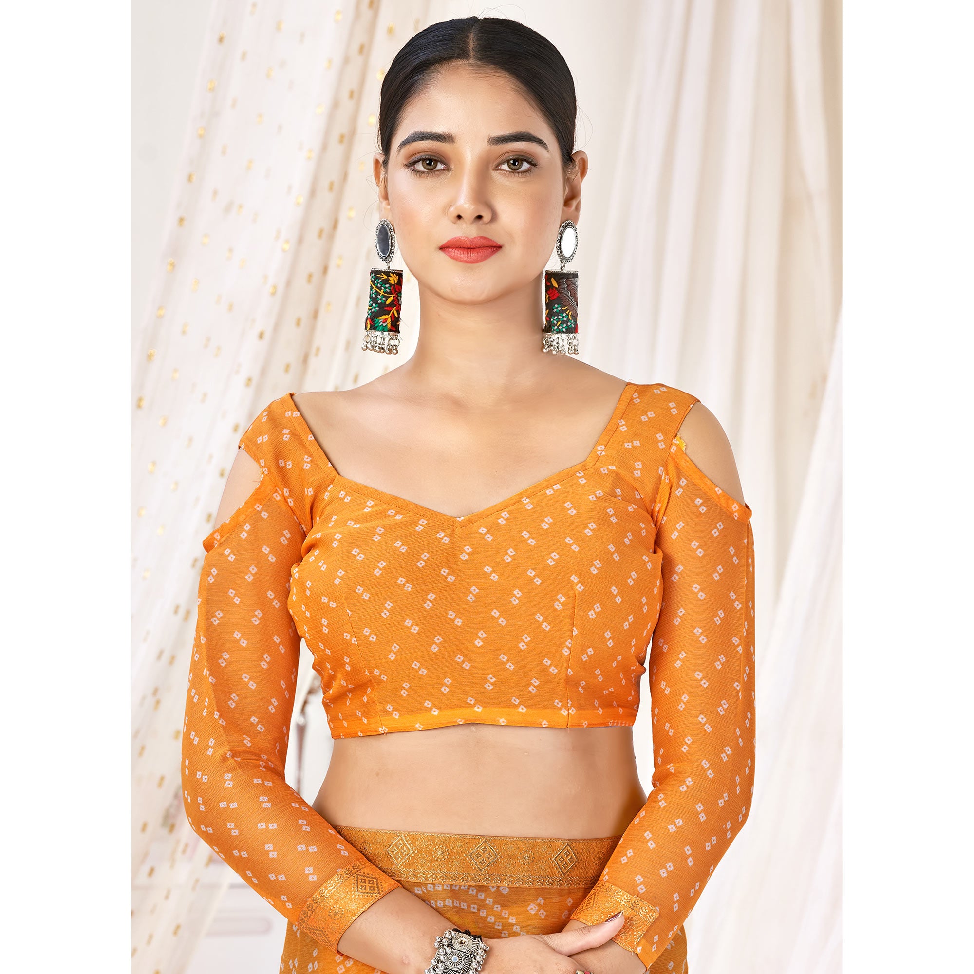 Orange Bandhani Printed Chiffon Saree