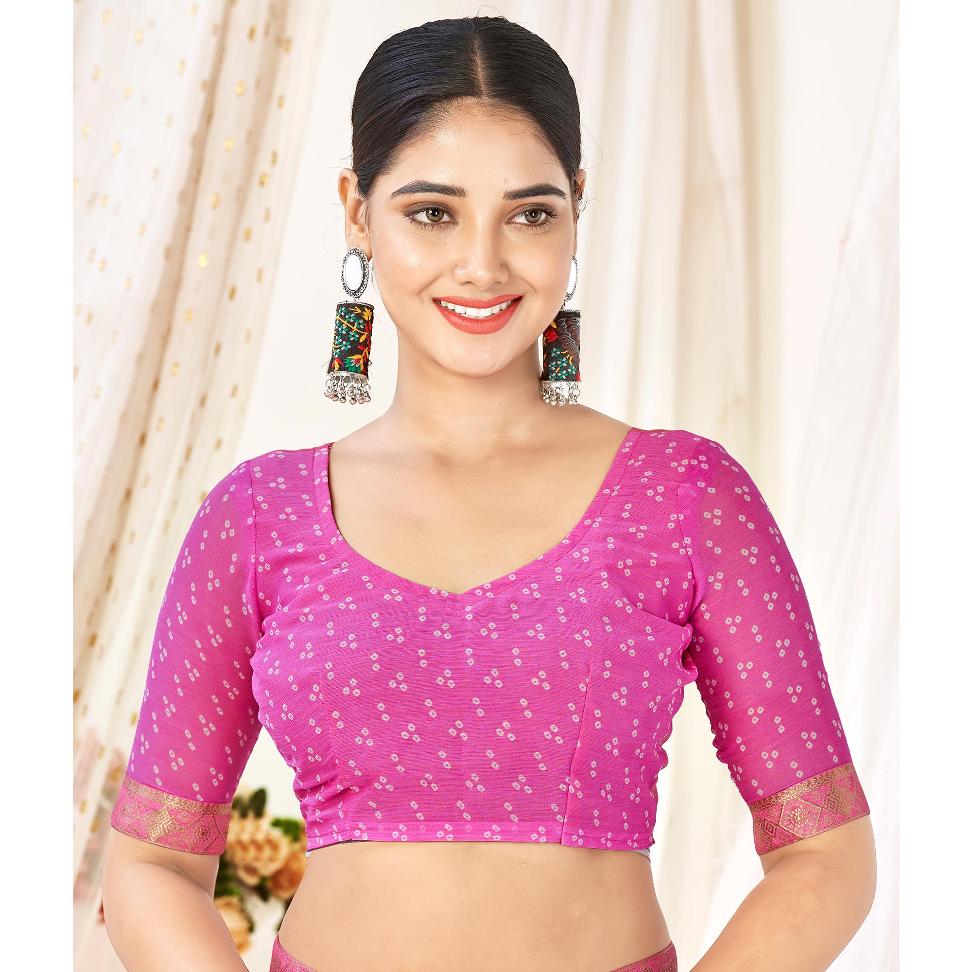 Pink Bandhani Printed Chiffon Saree