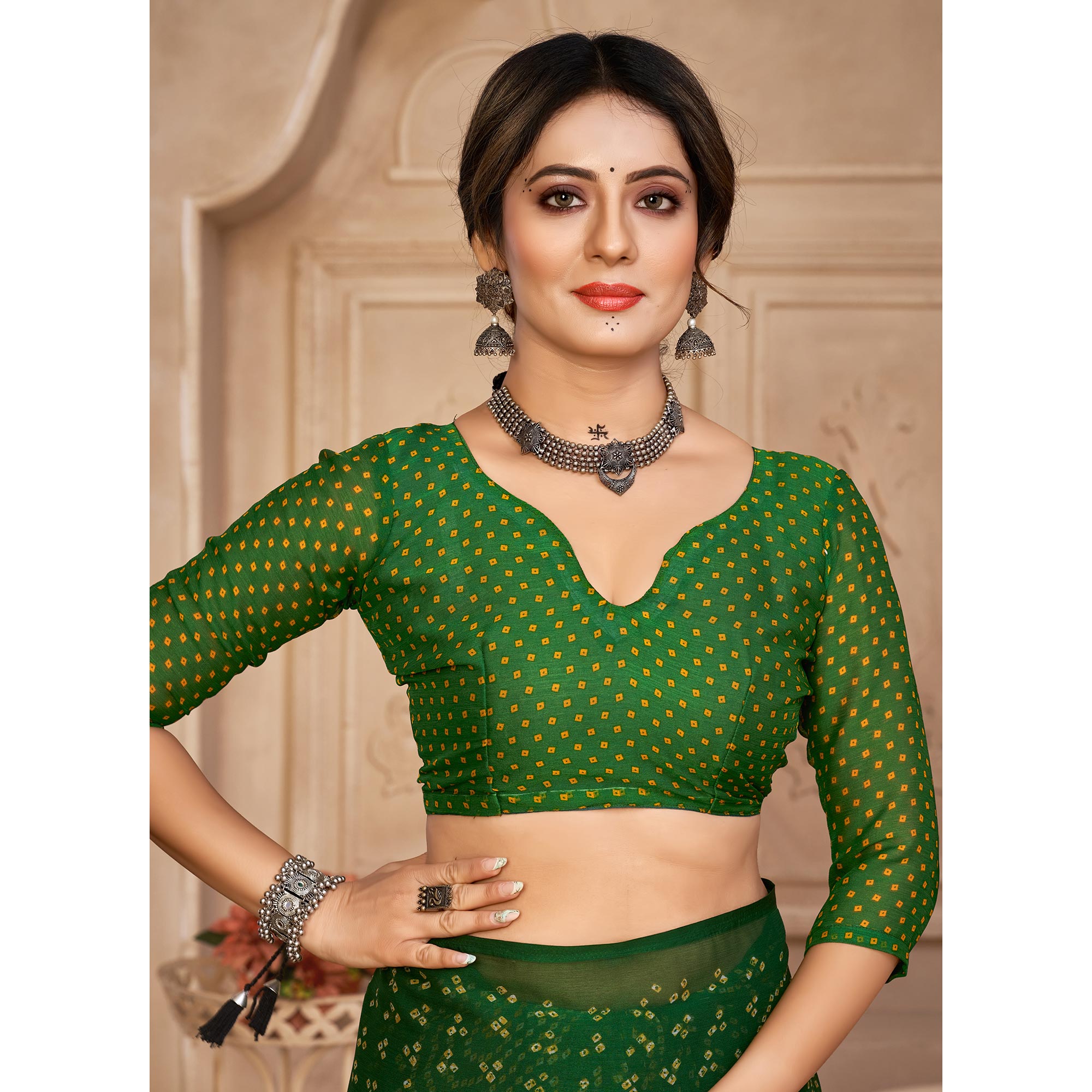 Green Bandhani Printed Chiffon Saree