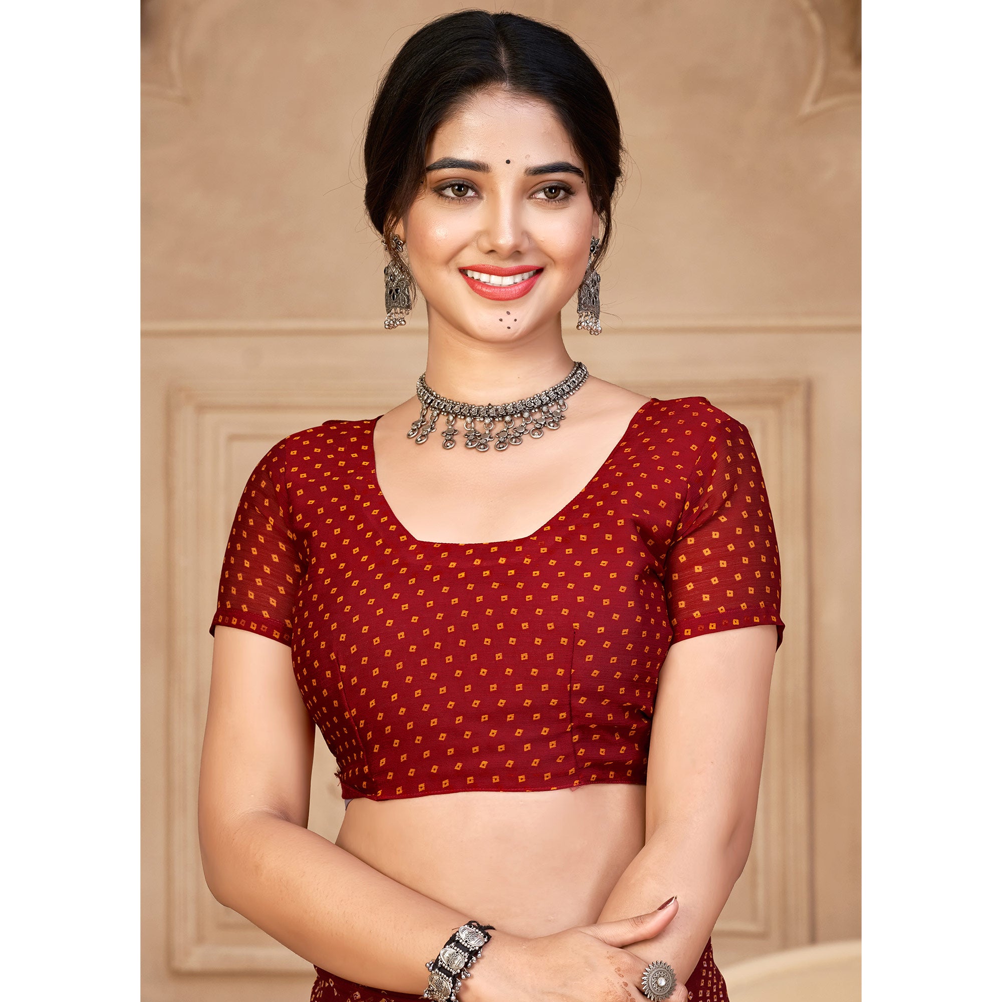 Maroon Bandhani Printed Chiffon Saree