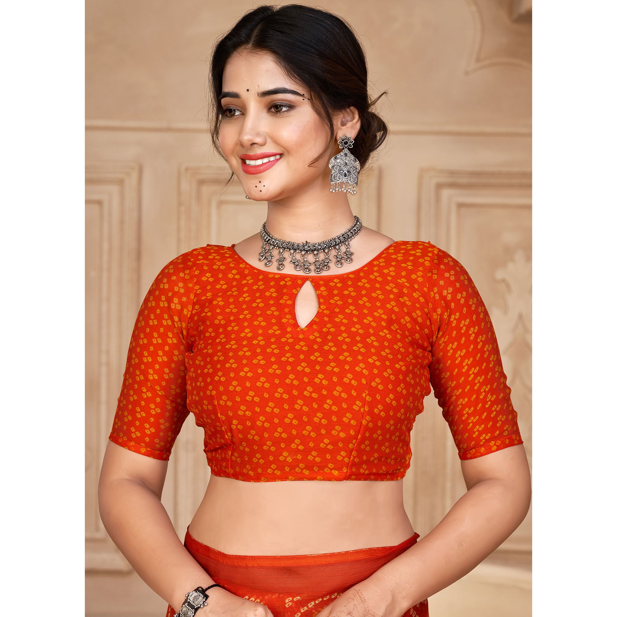 Orange Bandhani Printed Chiffon Saree