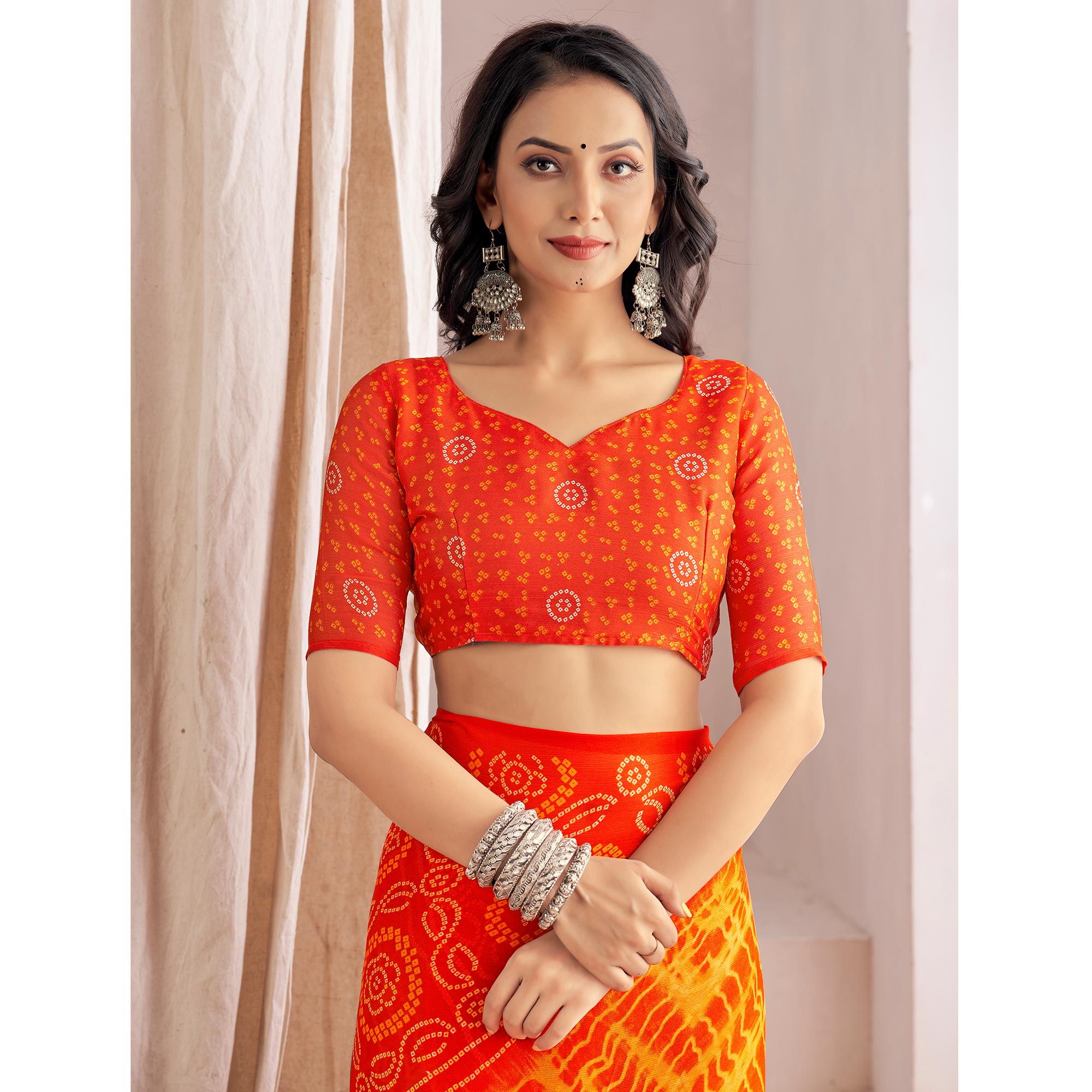 Orange Bandhani Printed Chiffon Saree