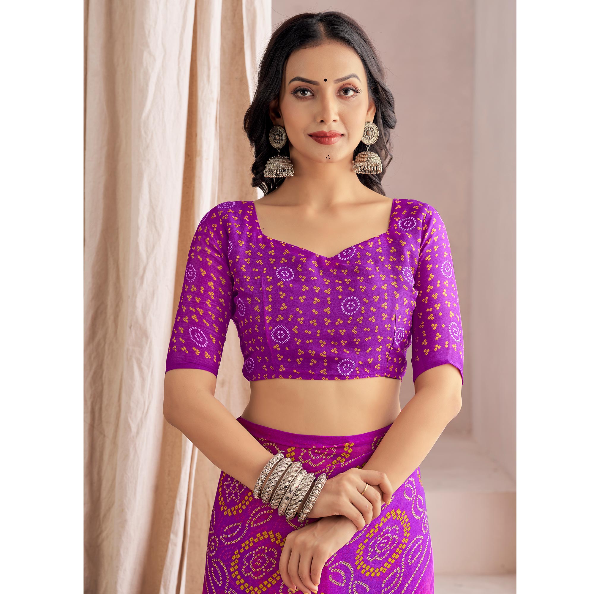 Purple Bandhani Printed Chiffon Saree