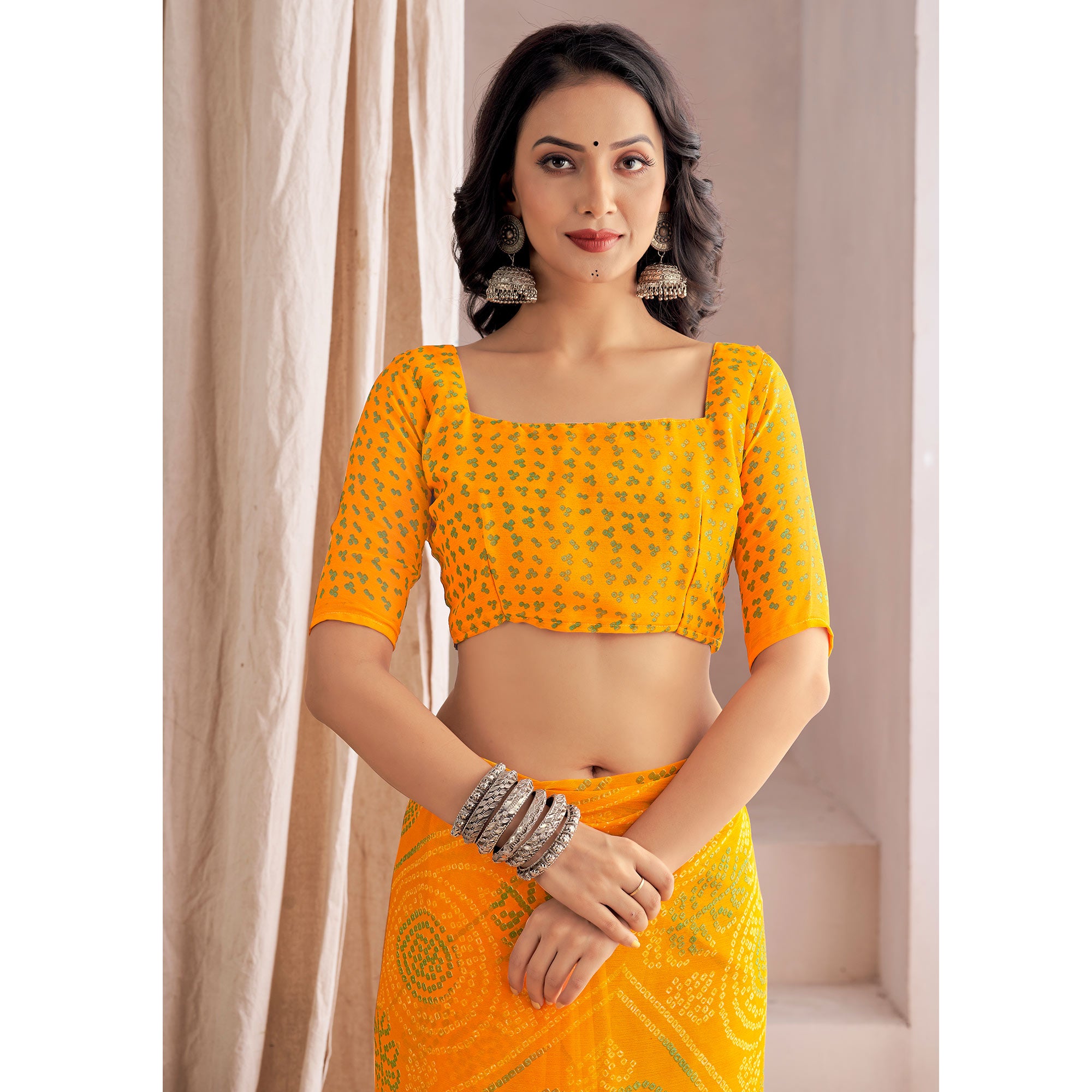 Yellow Bandhani Printed Chiffon Saree