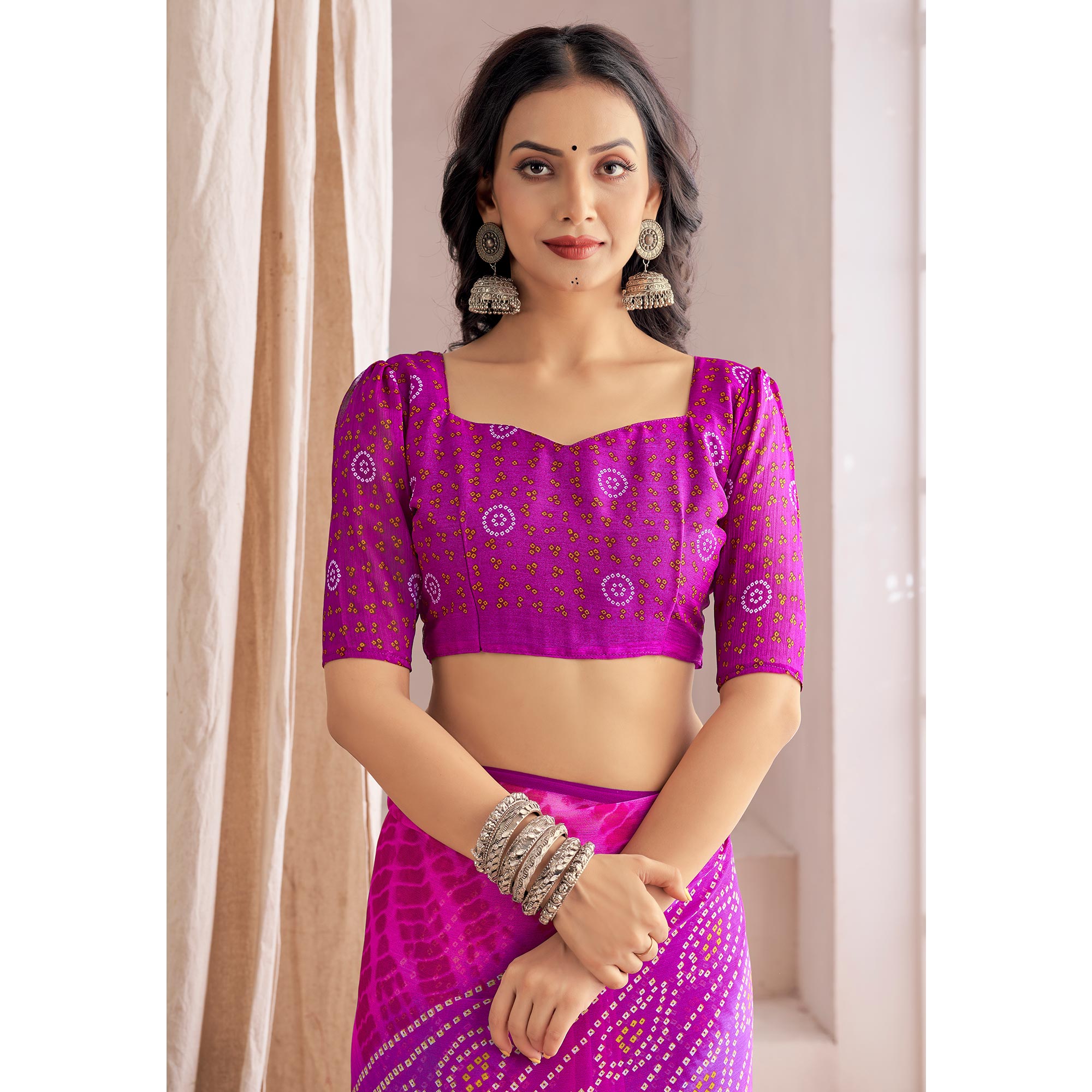 Purple Bandhani Printed Chiffon Saree