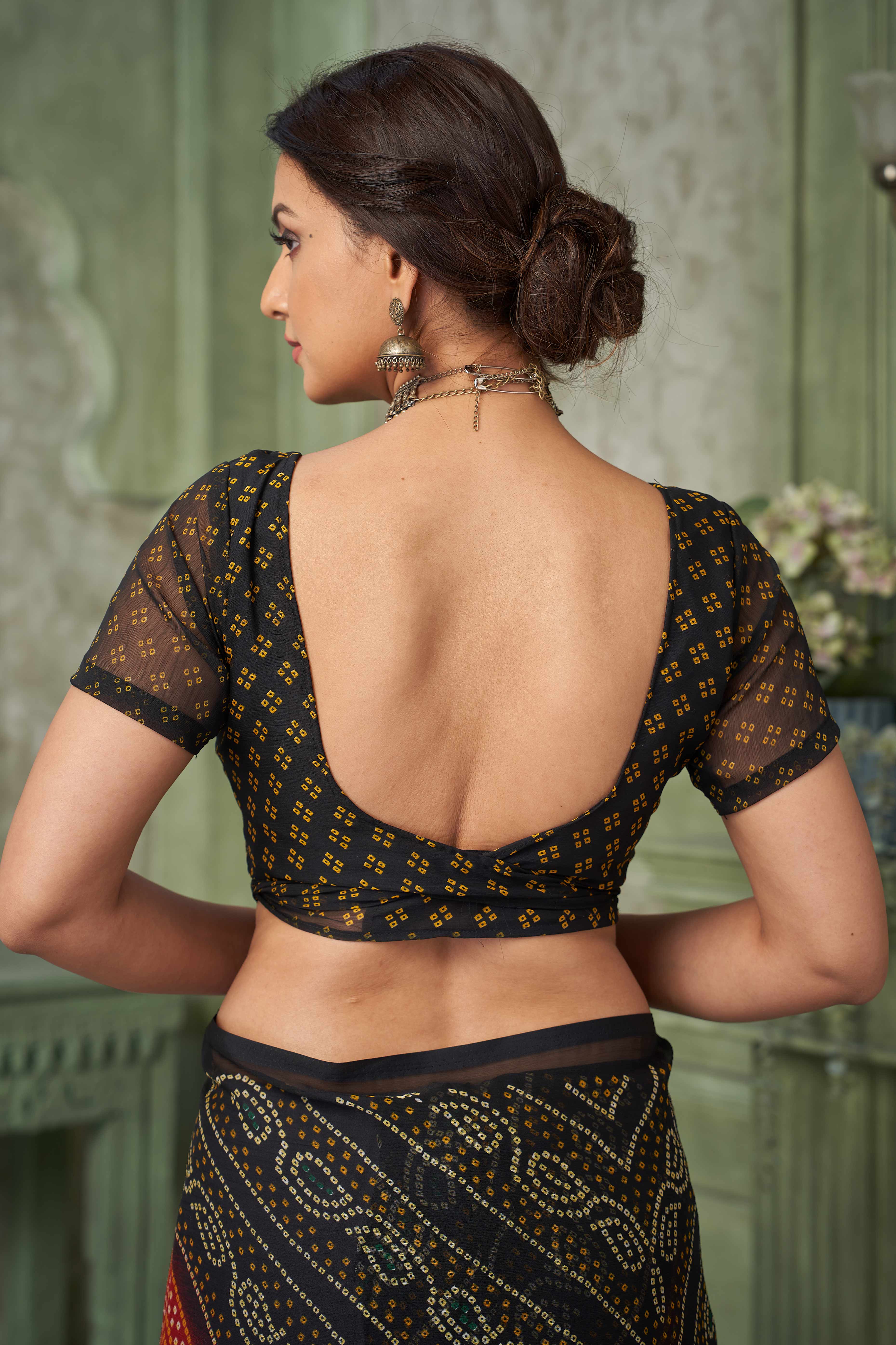 Black Chiffon Saree Adorned With Traditional Bandhani Print