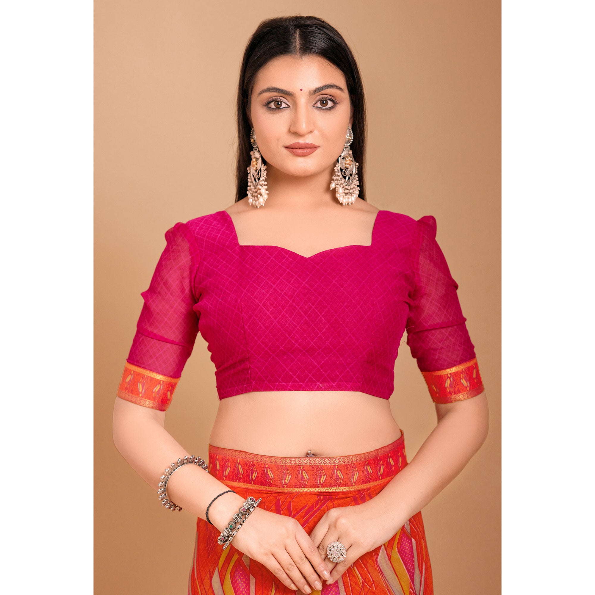 Orange Geometric Printed Chiffon Saree